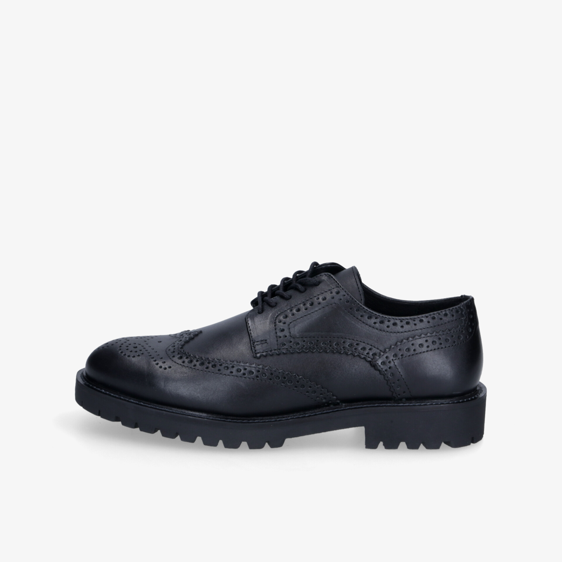 Eleganter schwarzer Brogue Lederschuh in klarer seitlicher Ansicht mit strukturiertem Profil und feiner Schnürung
