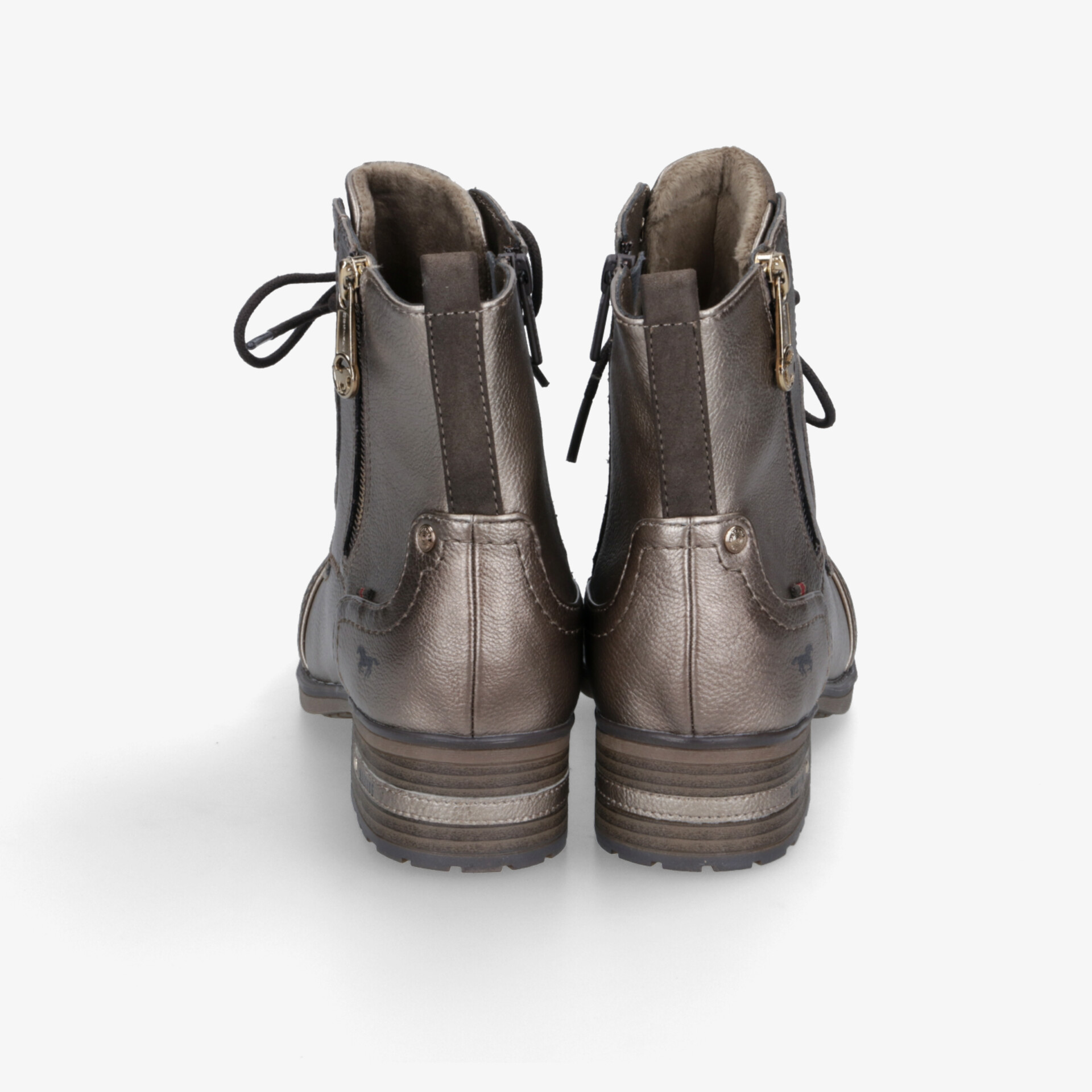 Rückansicht metallisch glänzender Stiefel mit hohem Schaft und praktischem Reißverschluss