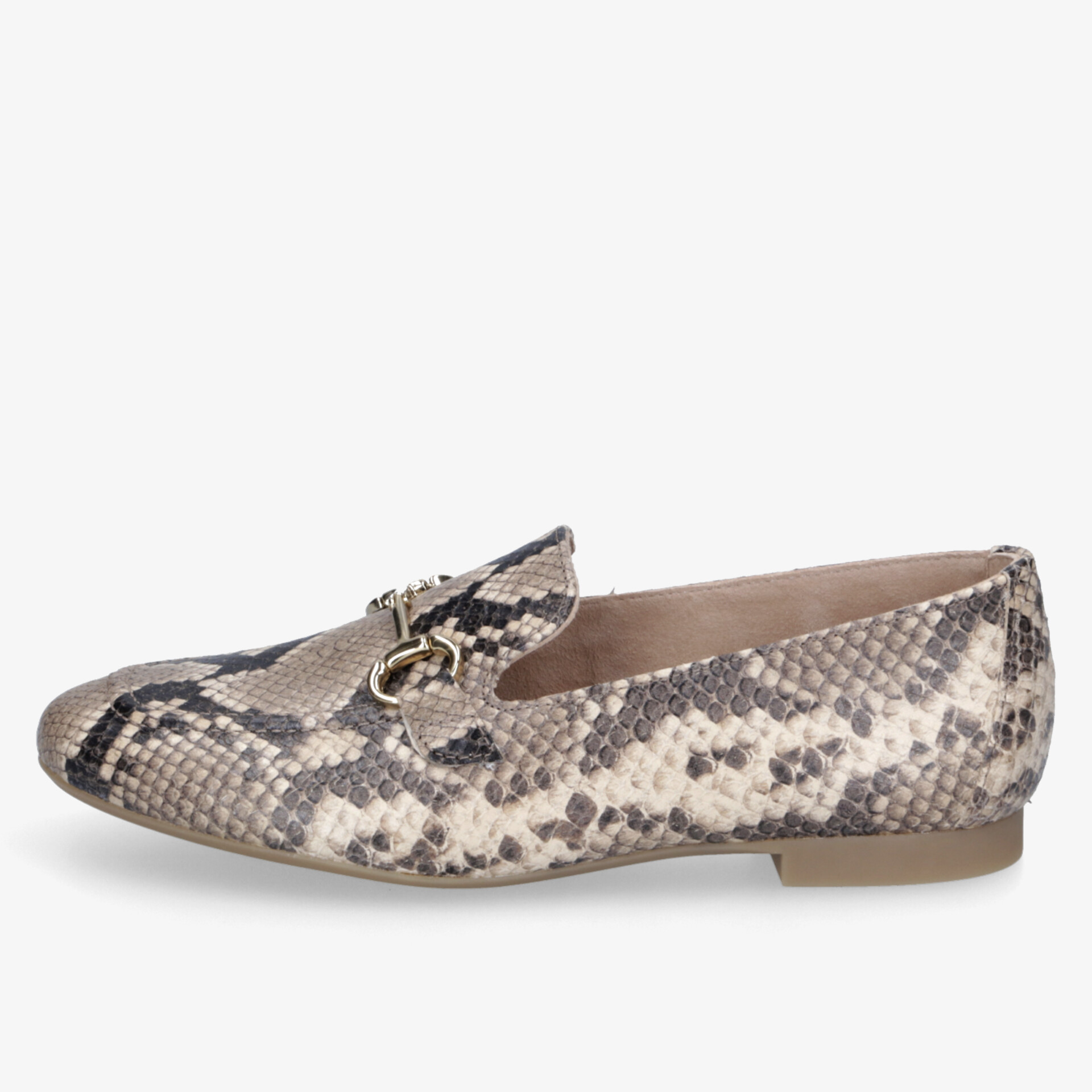 Eleganter Loafer mit Schlangenprint-Muster und goldenen Details, perfekte Ergänzung zu jedem modischen Outfit.