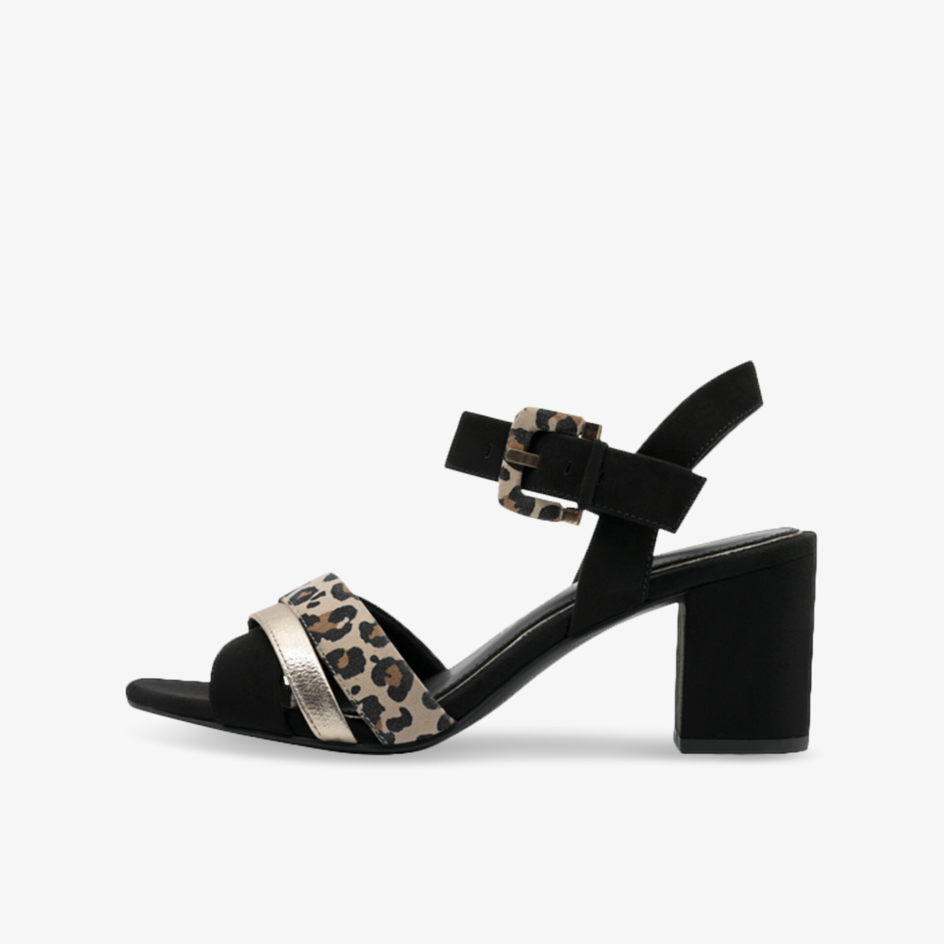 Schwarze Sandalette mit bequemem Blockabsatz und modischem Leopardmuster, verstellbarer Riemen für optimalen Halt