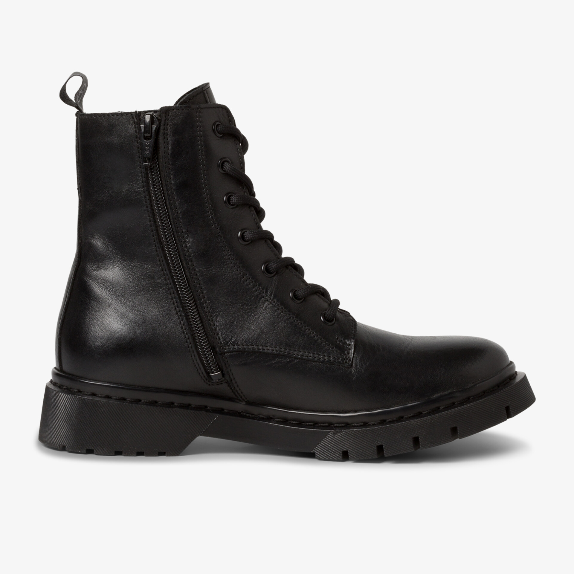 Robuster schwarzer Schnürstiefel mit Reißverschluss und rutschfester Sohle in eleganter Lederoptik.