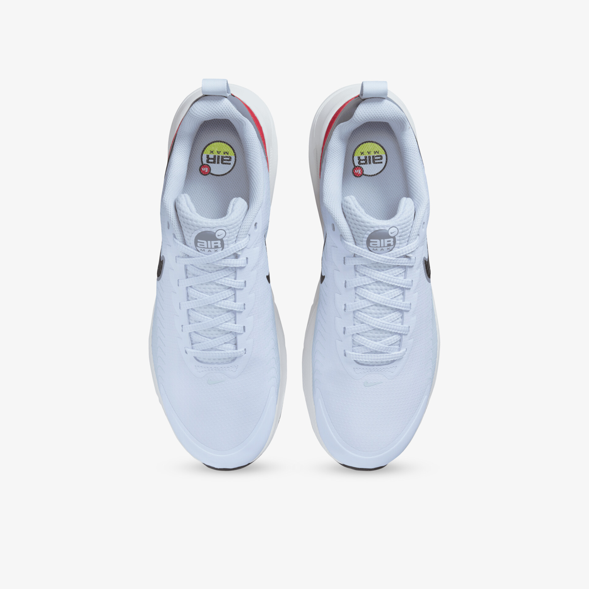 Weiße Sportschuhe Paar von oben mit Schnürsenkeln und gepolsterter Innensohle in modernem Design