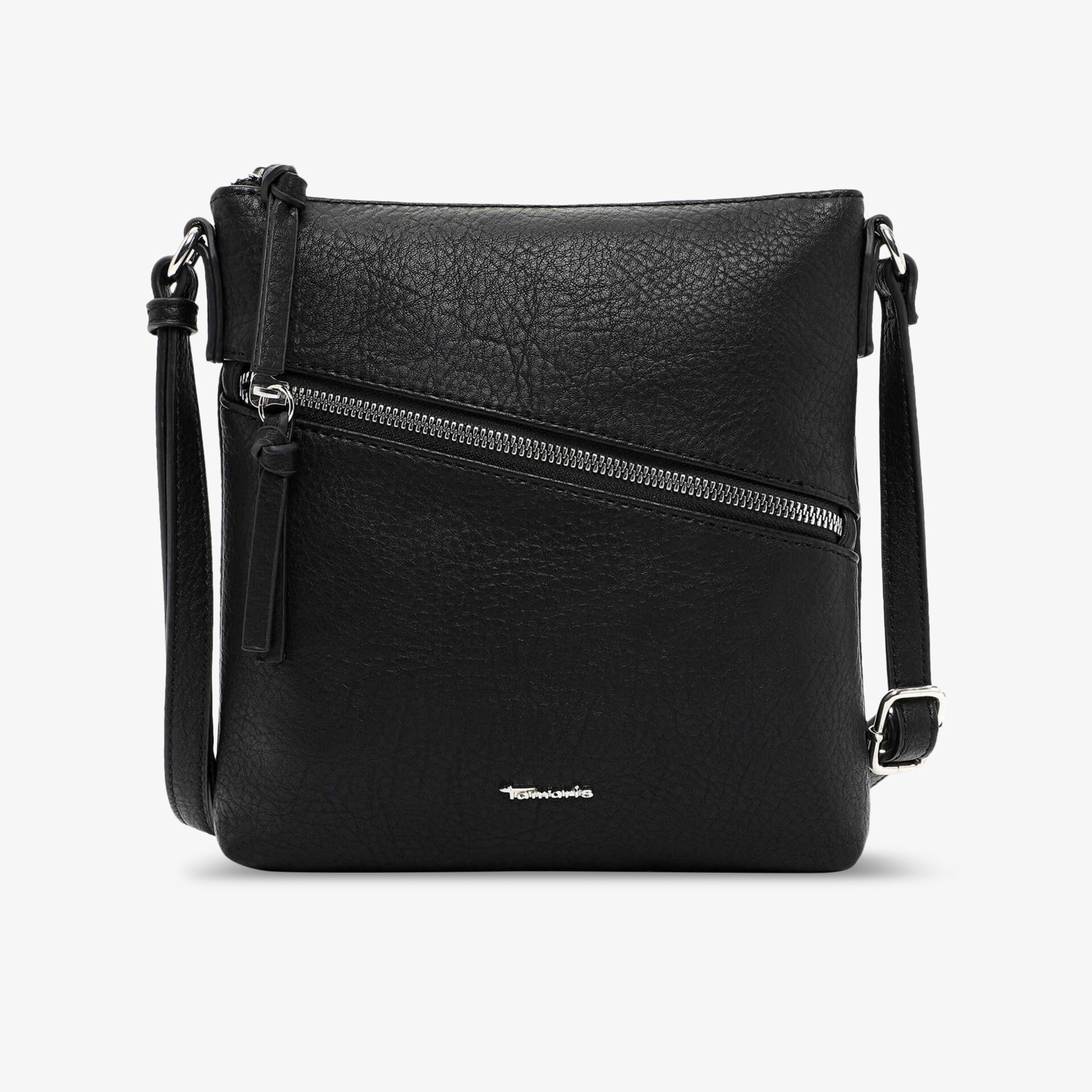 Elegante schwarze Umhängetasche mit Reißverschluss und verstellbarem Gurt. Perfekt für stilvolle Auftritte.