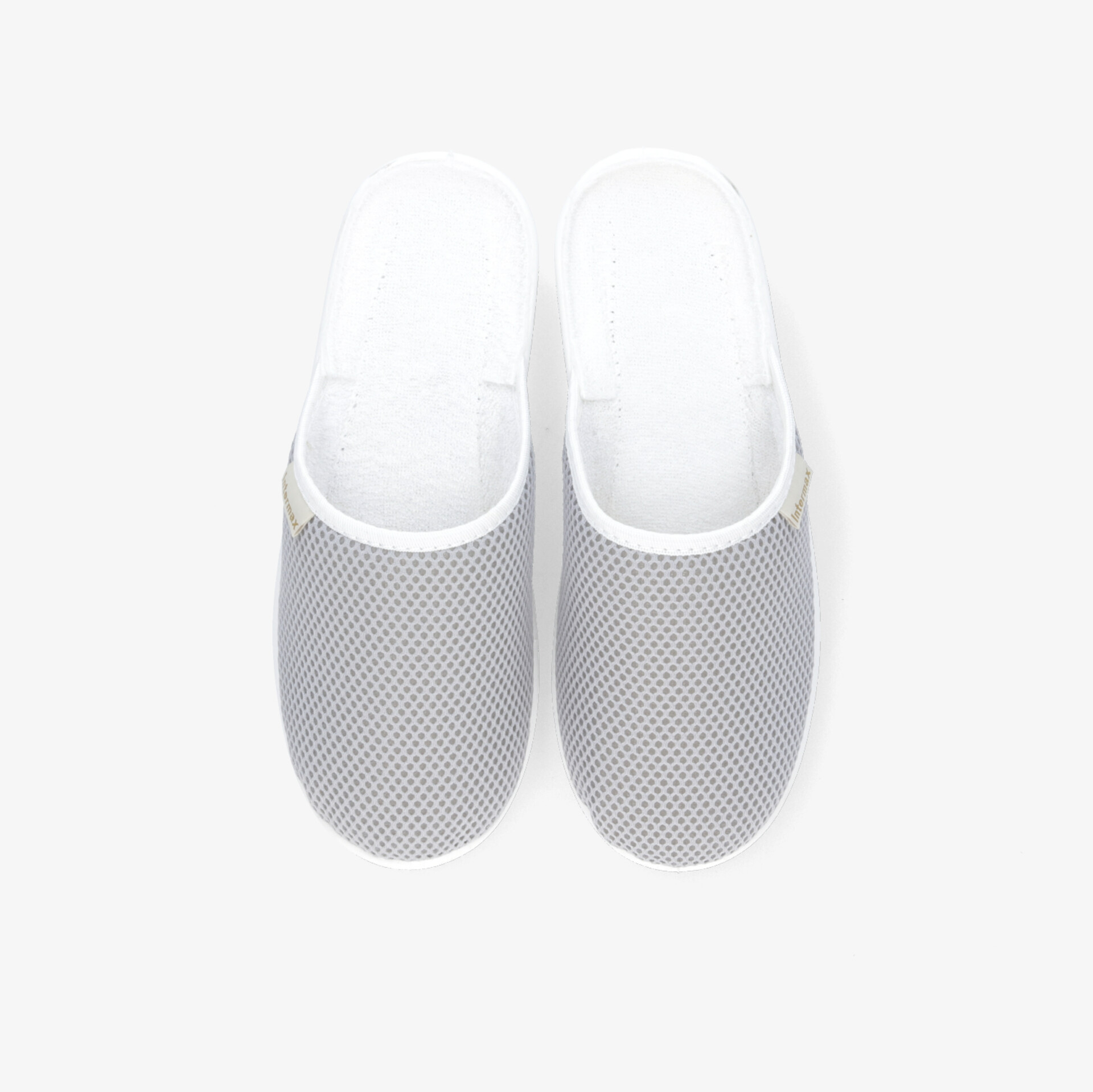 Bequeme und leichte graue Slipper mit atmungsaktivem Mesh-Obermaterial und ergonomischem Design.