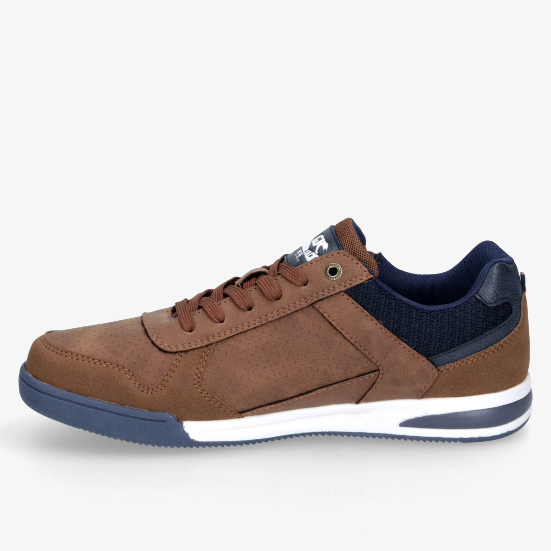 Brauner Sneaker mit blauem Detail und weißer Sohle, ideal für stilvolle und bequeme Alltagsbekleidung.