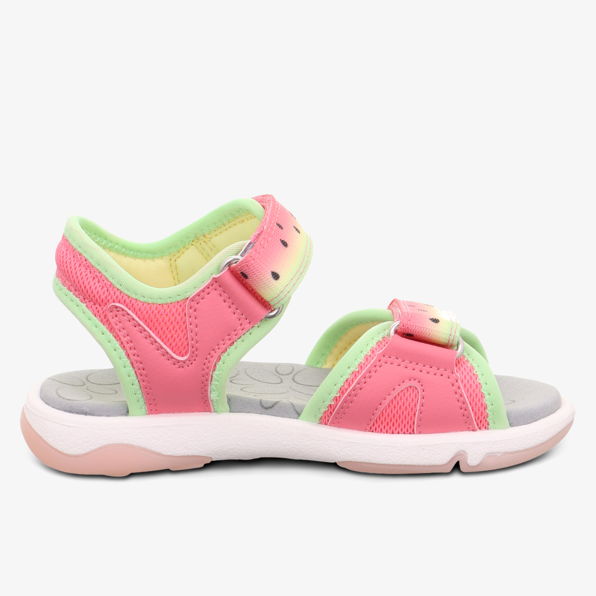 Seitliche Ansicht einer bequemen, verstellbaren Sandale mit gepolsterten Riemen und leichter flexibler Sohle