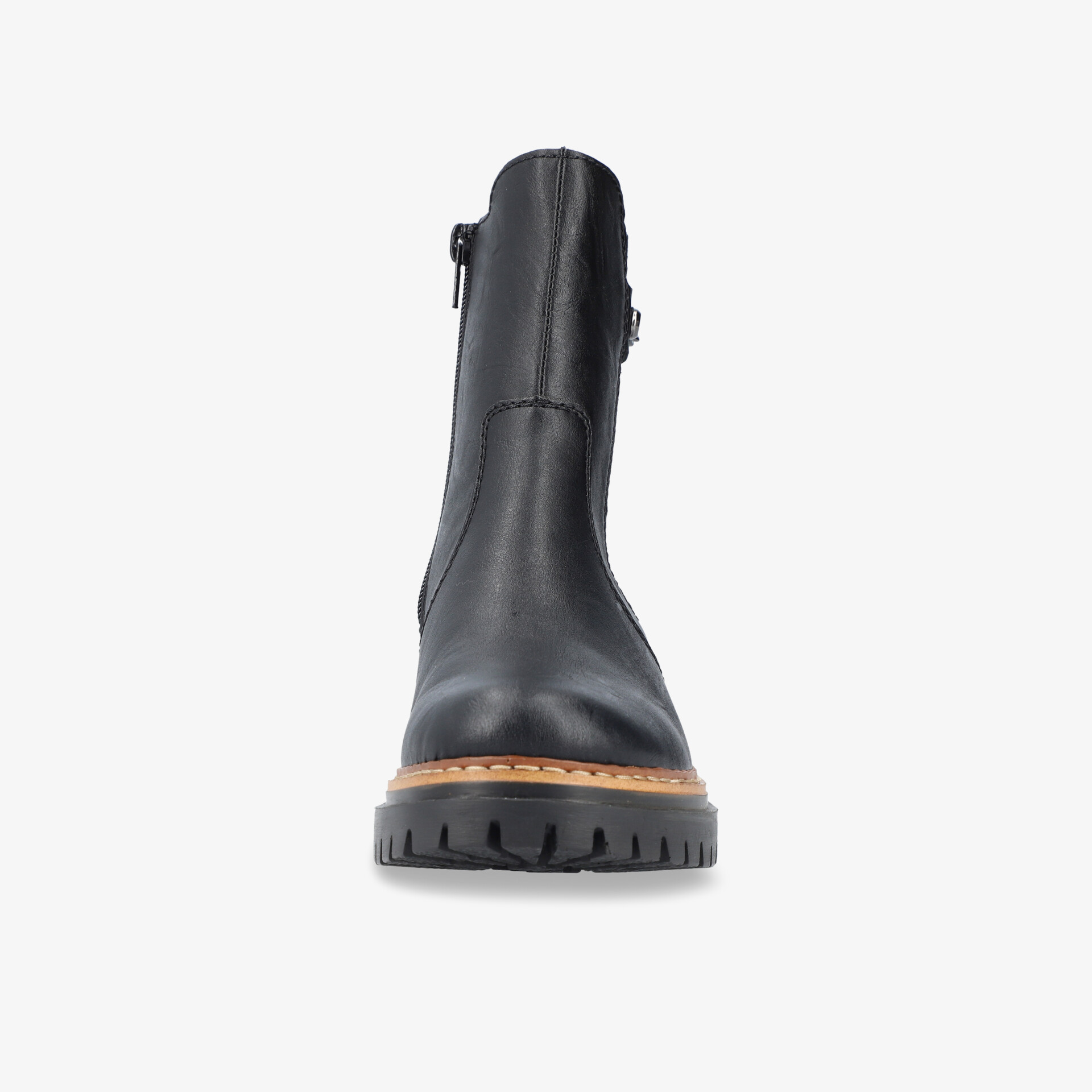 Robuster schwarzer Stiefel mit rutschfester Sohle und praktischem Reißverschluss in klarer Frontansicht