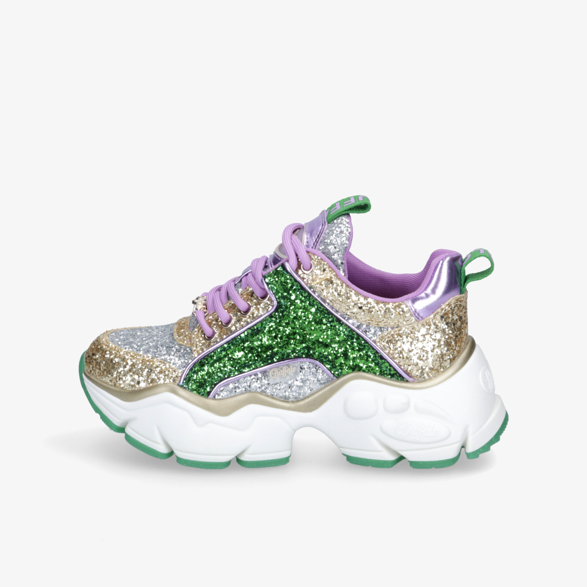 Seitliche Ansicht eines farbenfrohen Glitzer-Sneakers mit dicker, bequemer Sohle und modischem Design