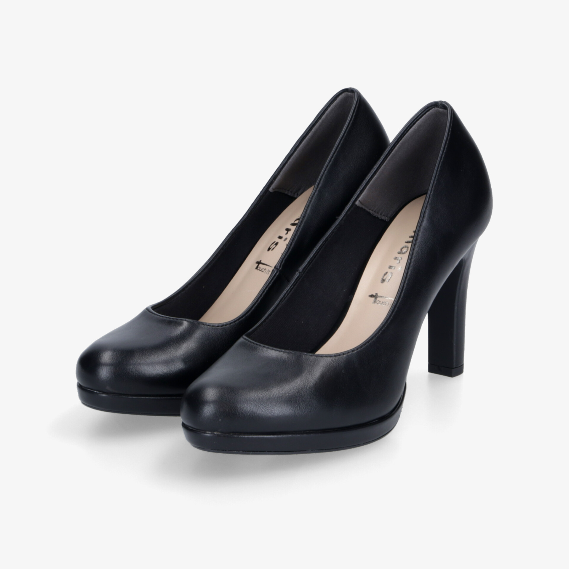 Elegante schwarze Pumps aus hochwertigem Leder mit bequemem Schnitt und stabilem Absatz in schräger Frontansicht