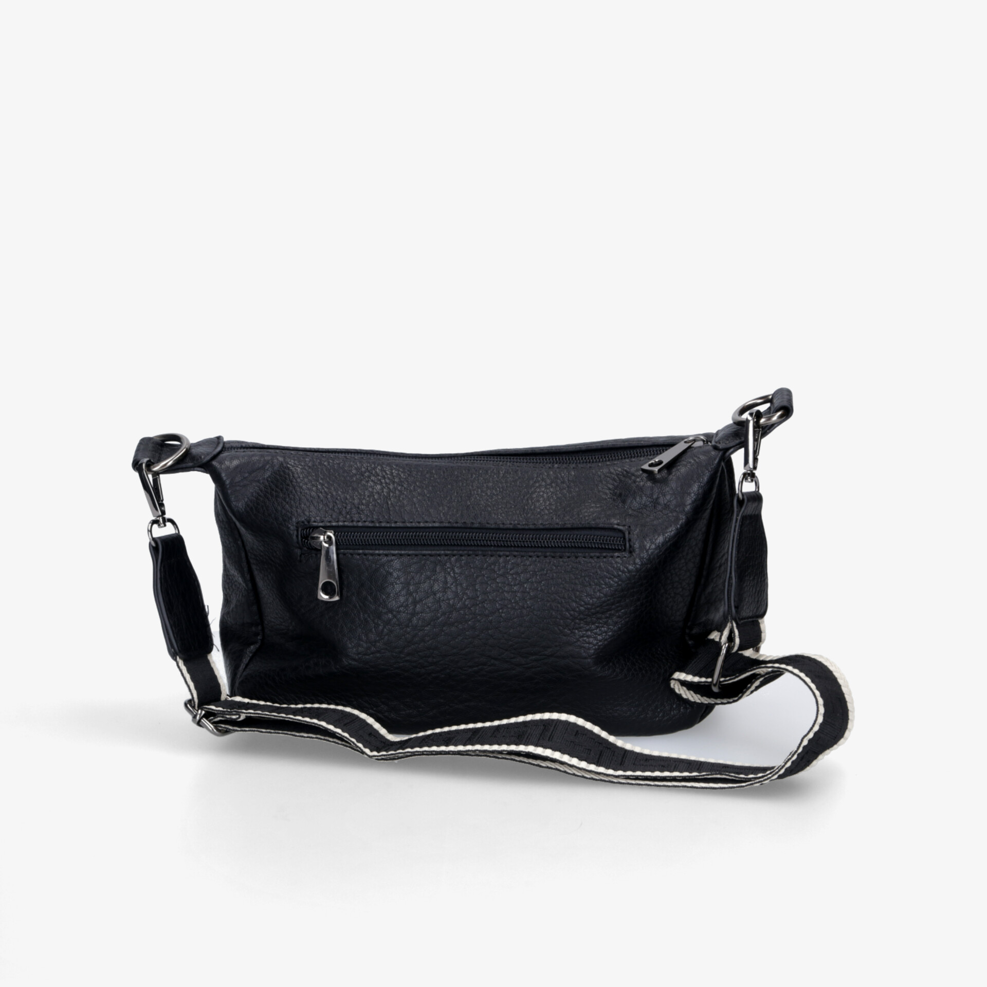 Schwarze kompakte Tasche mit Reißverschluss und verstellbarem Schultergurt, modern und funktional gestaltet