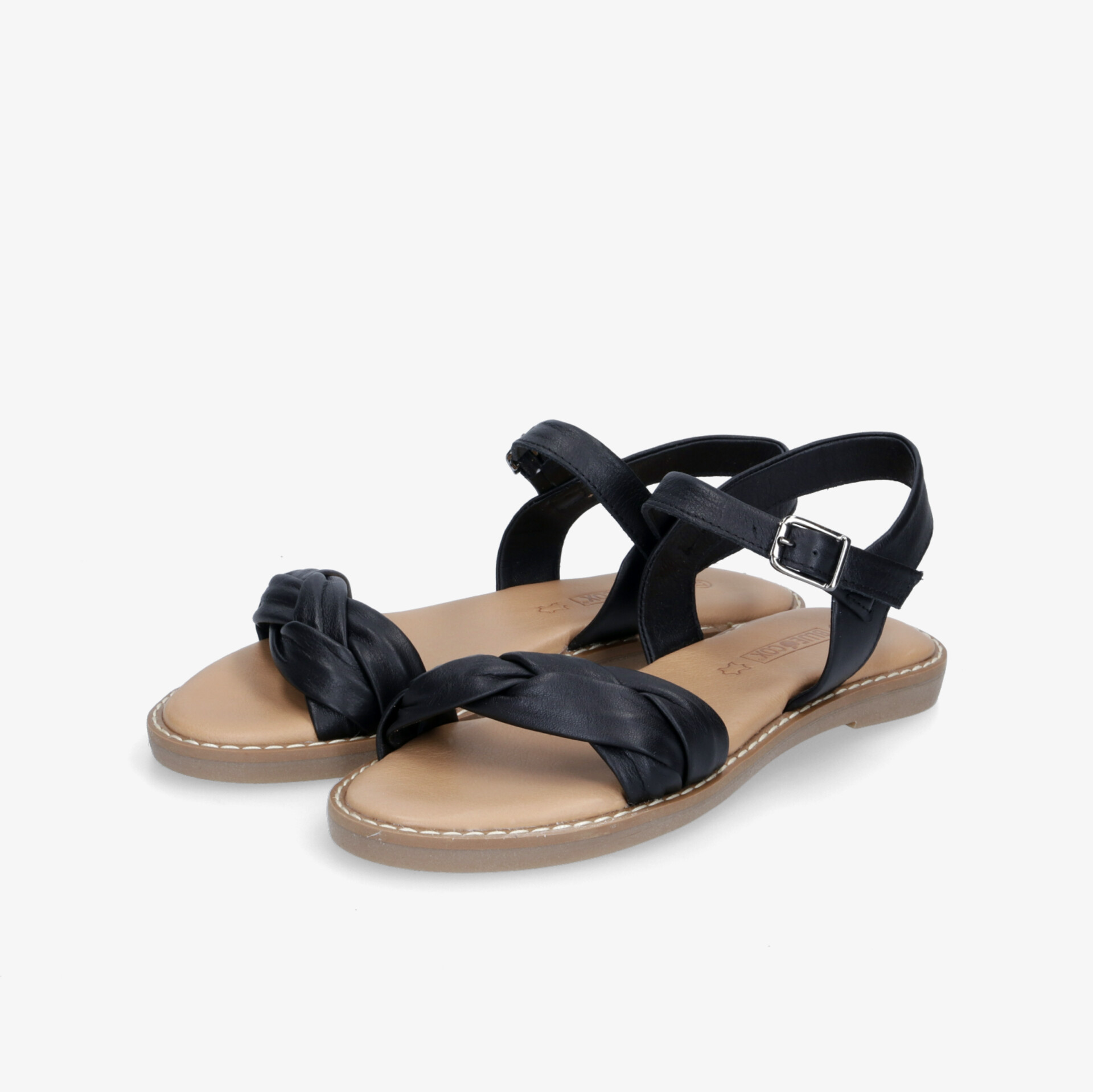 Elegante schwarze Sandalen mit geflochtenen Riemen und verstellbarem Verschluss für stilvollen Tragekomfort.