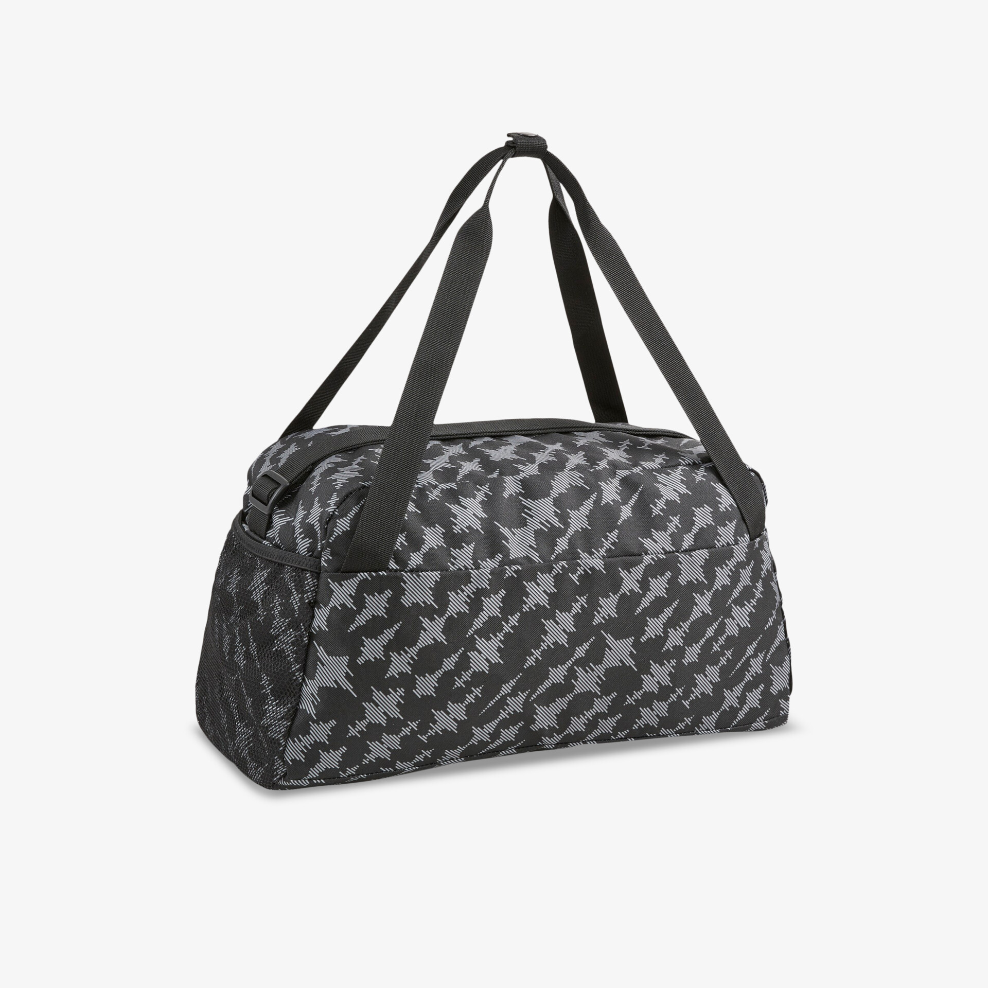 Stilvolle graue Reisetasche mit Houndstooth-Muster, praktische Träger, geräumiges Hauptfach.