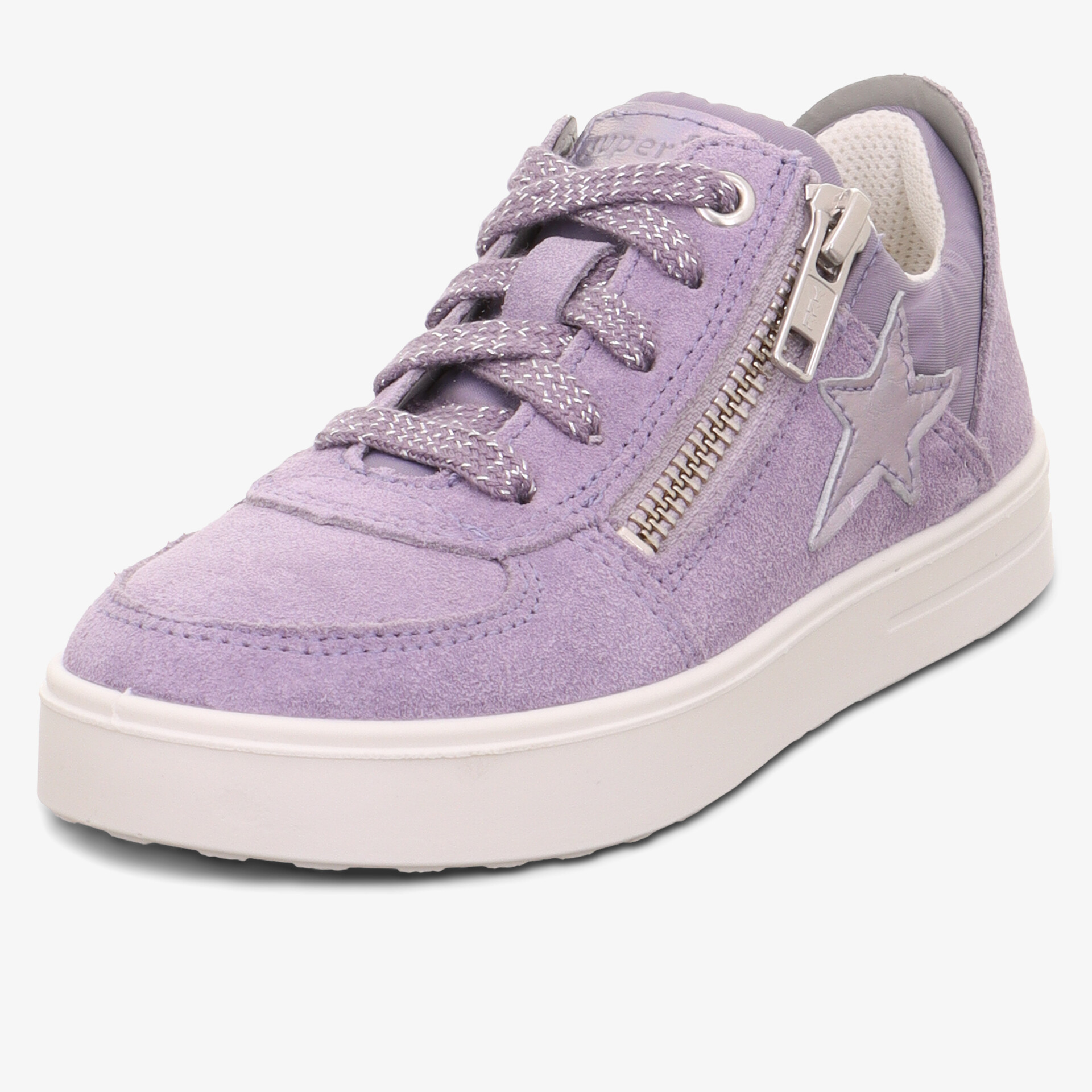 Moderner lila Sneaker mit Reißverschluss und Schnürsenkeln für hohen Tragekomfort