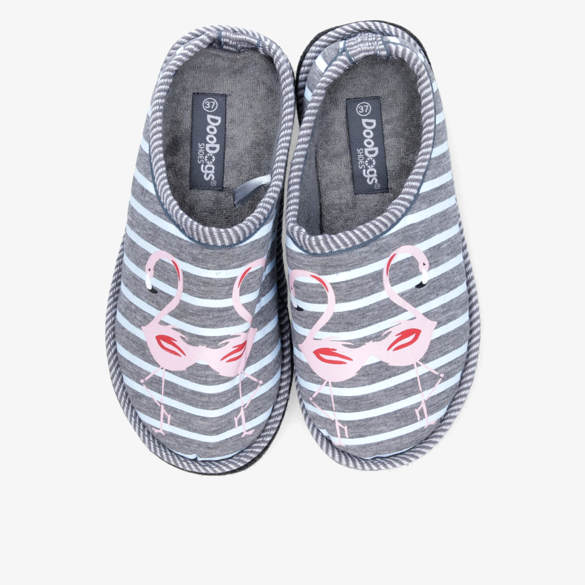 Weiche, gepolsterte Hausschuhe in Grau mit gestreiftem Muster und niedlichem Katzenmotiv, ideal für Komfort und Wärme.
