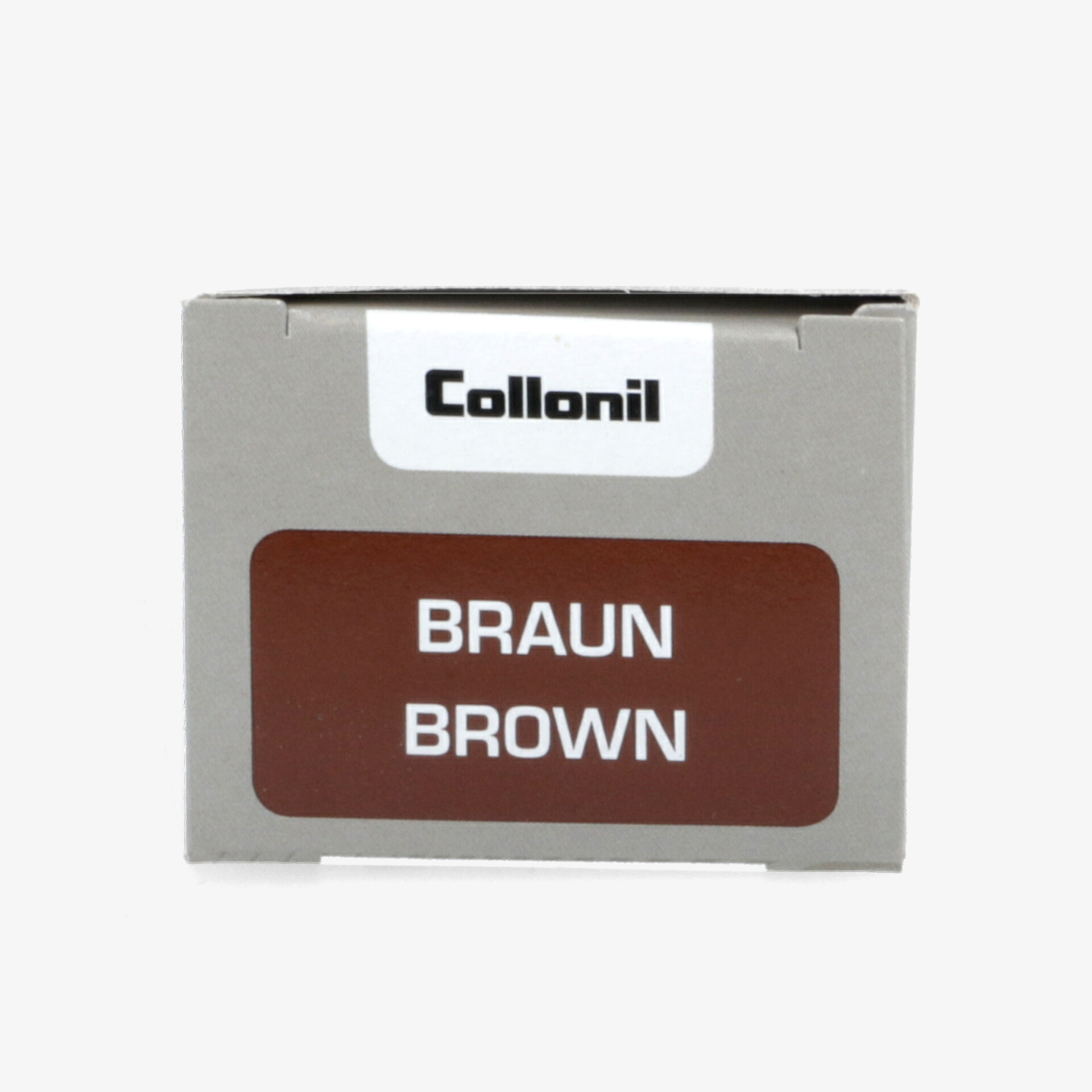 Collonil Farbkartenbox Braun mit Markenetikett und Farbnamen, kompakte Verpackung für Schuhlack