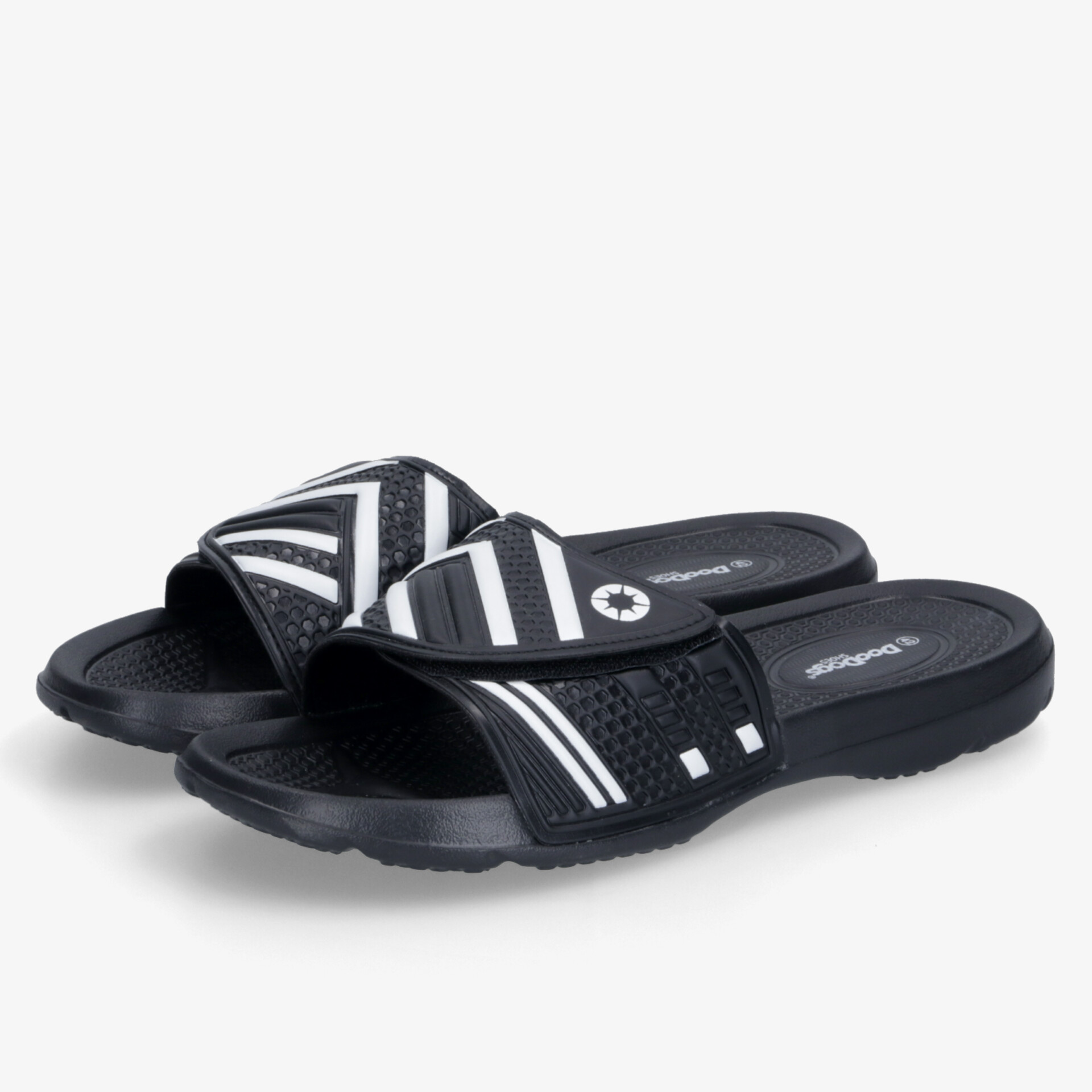 Schwarze Gummibadelatschen mit rutschfester Sohle, bequem und strapazierfähig für den Wasserbereich