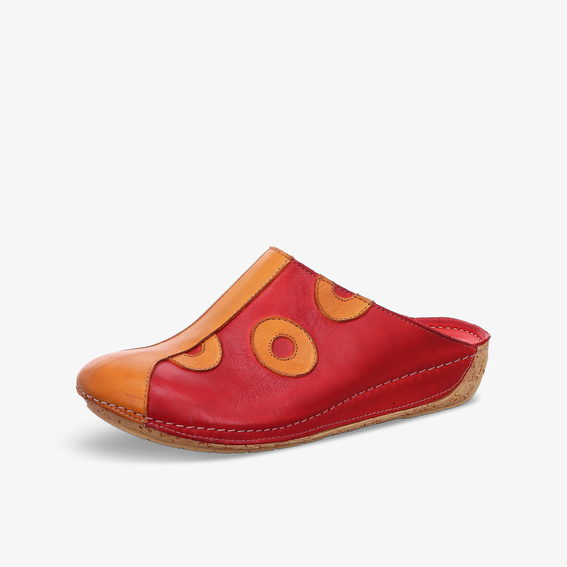 Roter Pantoffel aus weichem Leder mit auffälligem Design und rutschfester Sohle für hohen Tragekomfort