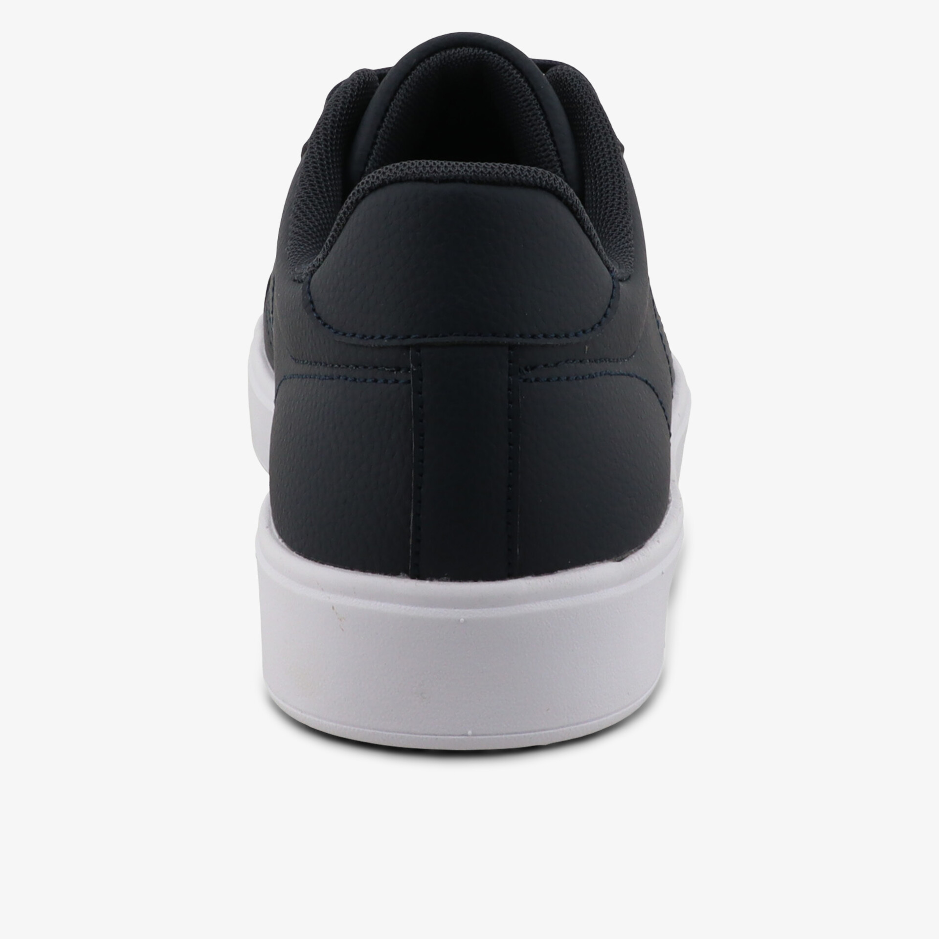 Schwarzer Sneaker mit weißer Sohle, Rückansicht, schlicht und komfortabel, sportlicher Alltags-Schuh