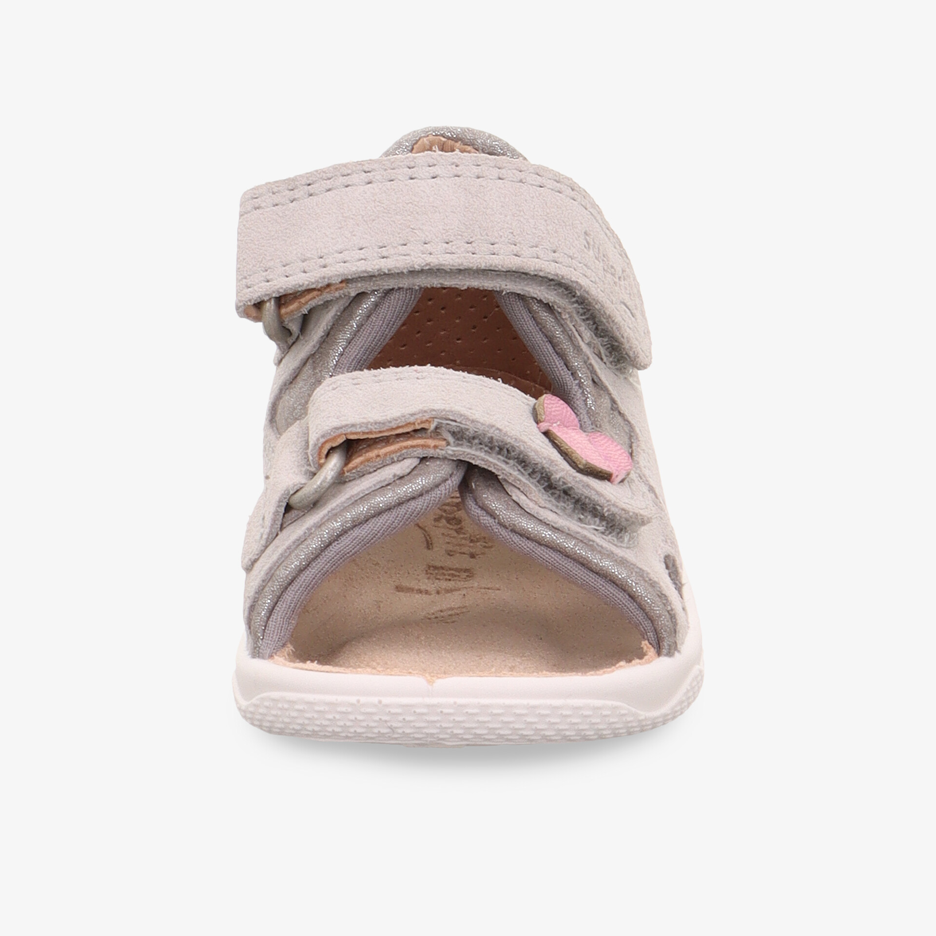 Bequeme Sandale mit verstellbarem Klettverschluss und rutschfester Sohle in heller Farbe, Frontansicht