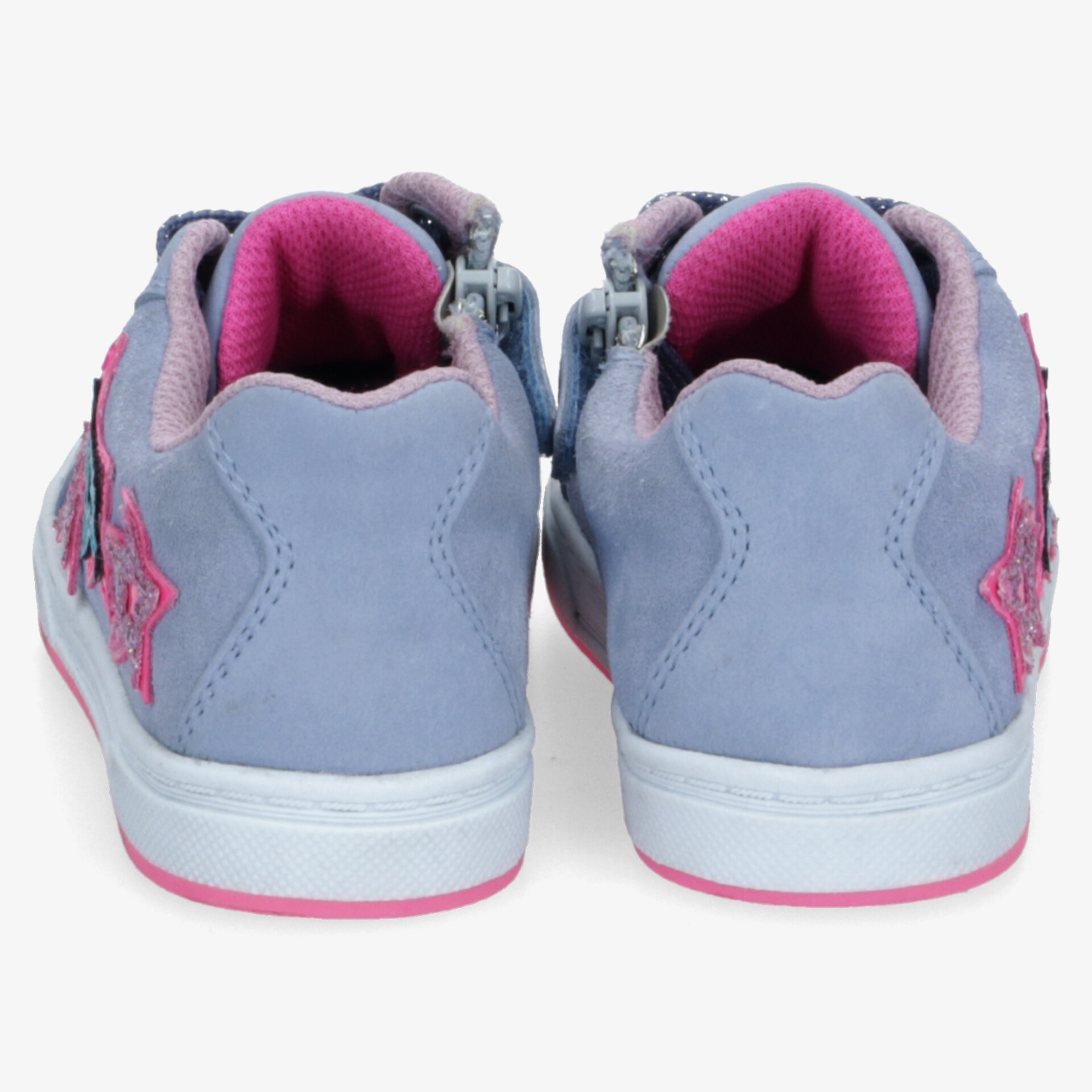 Robuste Kinderschuhe in Blau und Rosa mit weicher Polsterung und praktischen Reißverschlüssen, Rückansicht