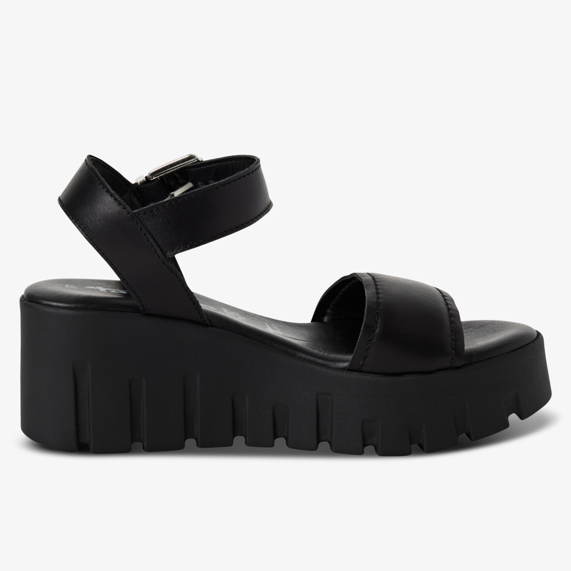 Schwarze Sandale mit dicker profilierter Plateau-Sohle und verstellbarem Riemen für sicheren Halt und Komfort