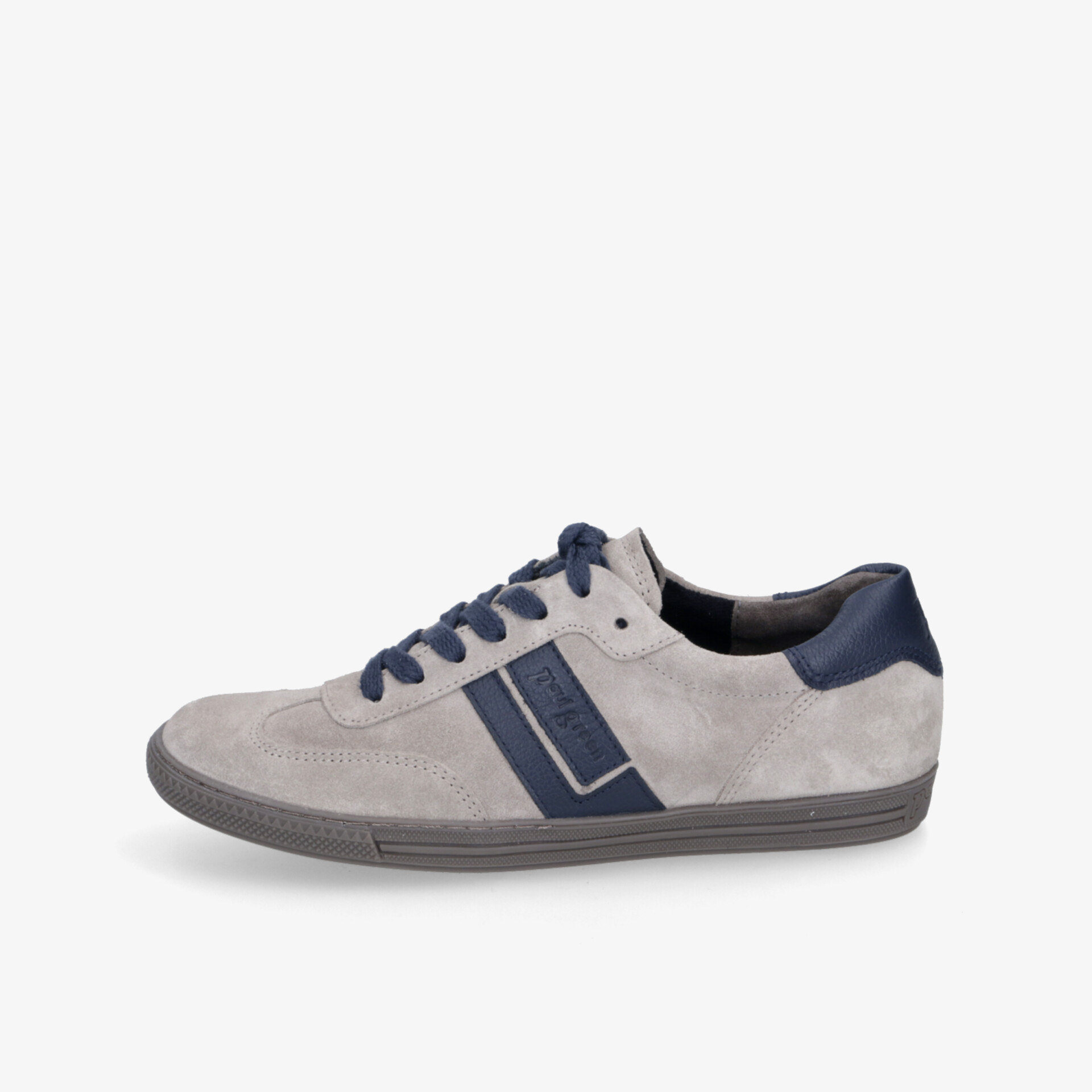 Eleganter grauer Sneaker mit dunkelblauen Details aus Veloursleder und leichter, bequemer Sohle seitlich sichtbar