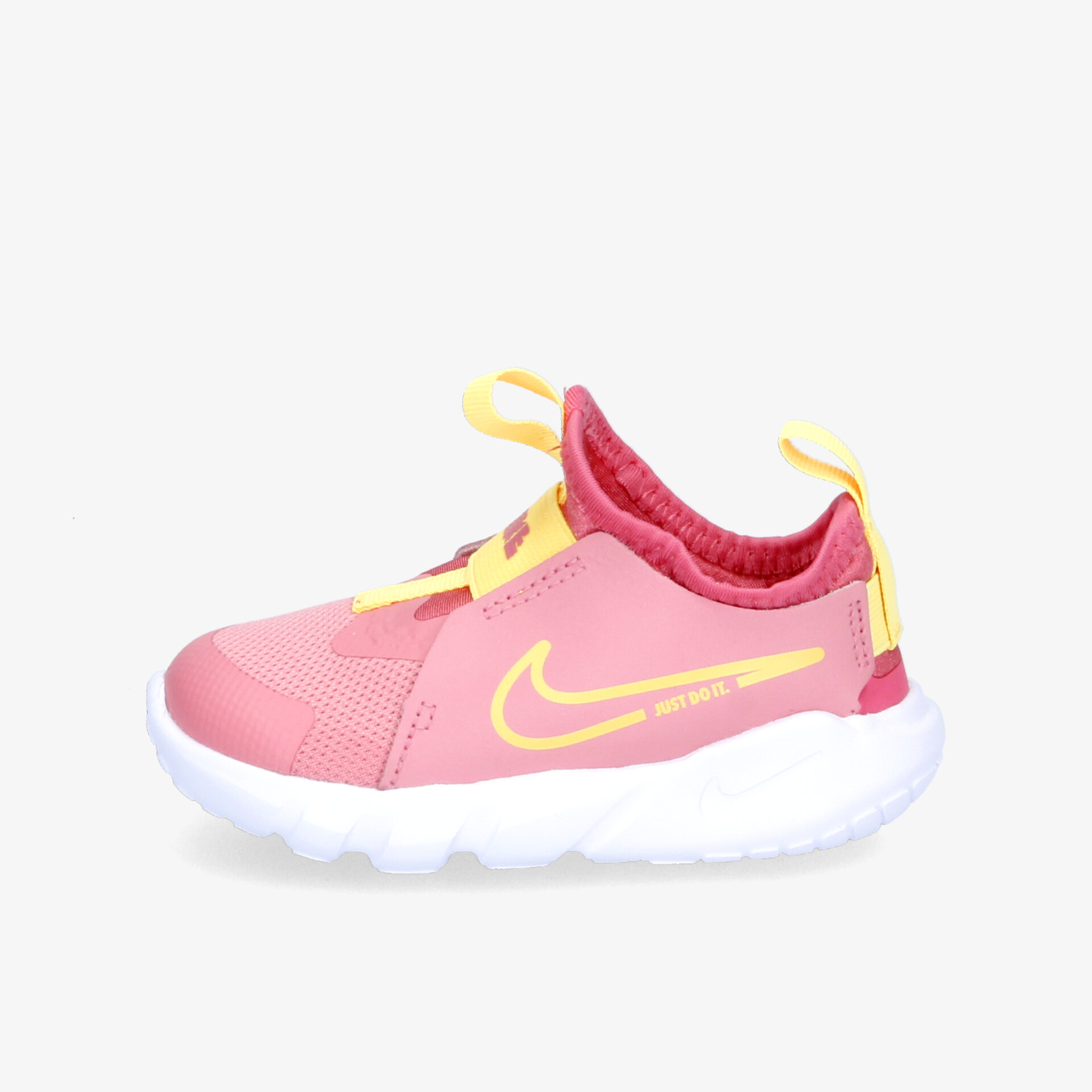 Leichter, sportlicher Schuh in Pink mit gelben Akzenten und weißer Sohle für hohen Tragekomfort.