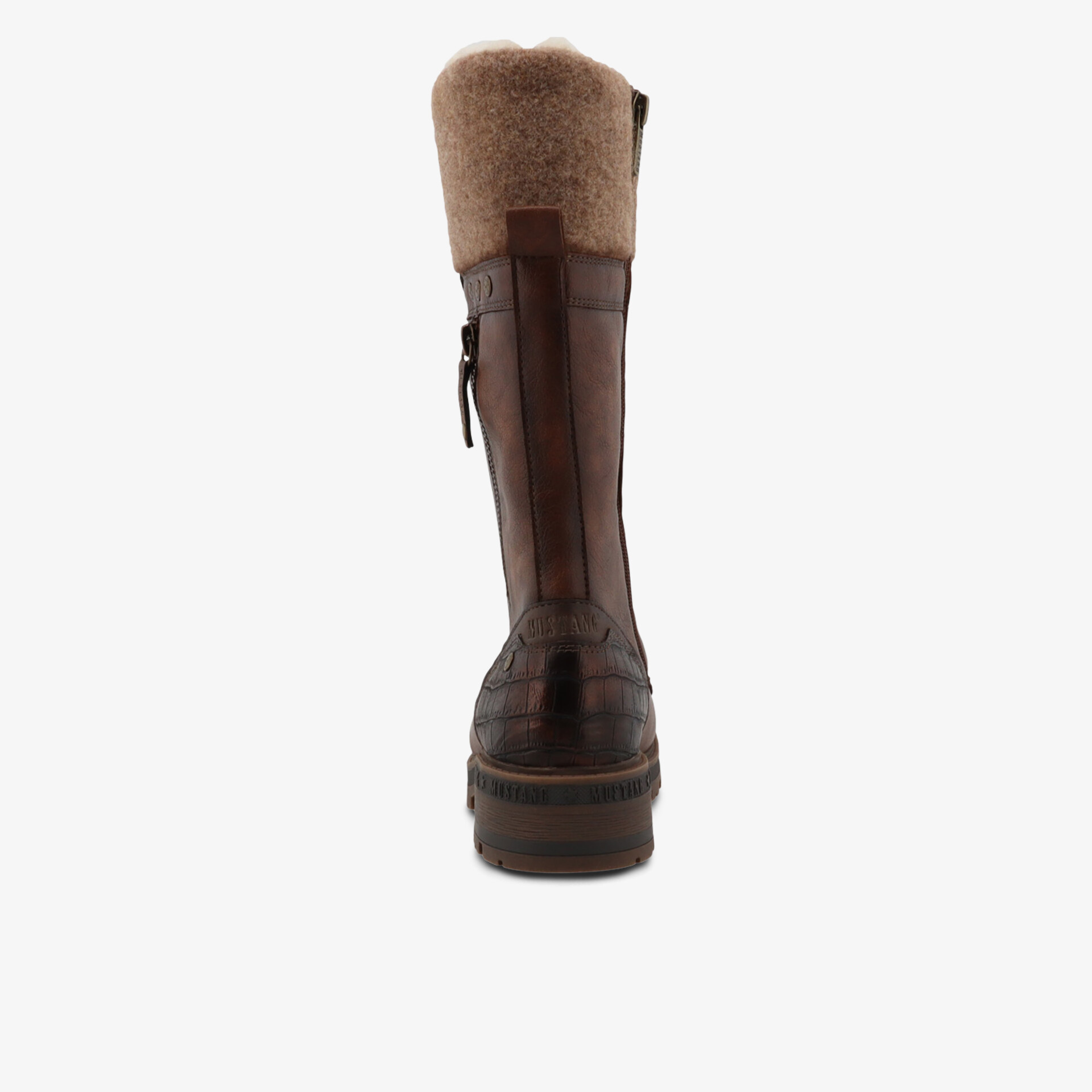 Warmer hoher brauner Lederstiefel mit weichem Fellfutter und stabilem Absatz, Rückansicht