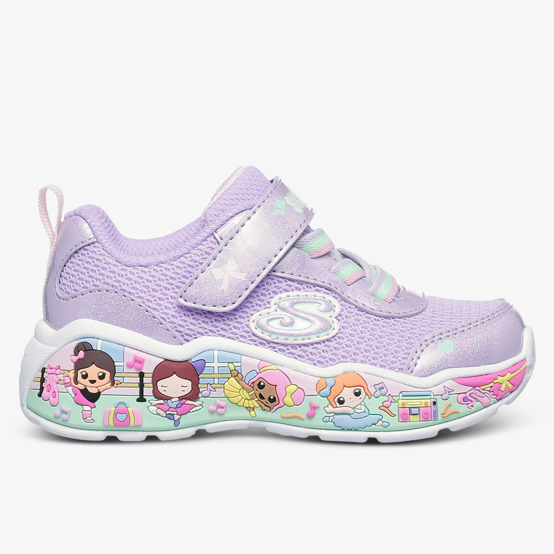 Lila Kinder-Sneaker mit Cartoon-Design und Klettverschluss, ideal für Komfort und Stil.