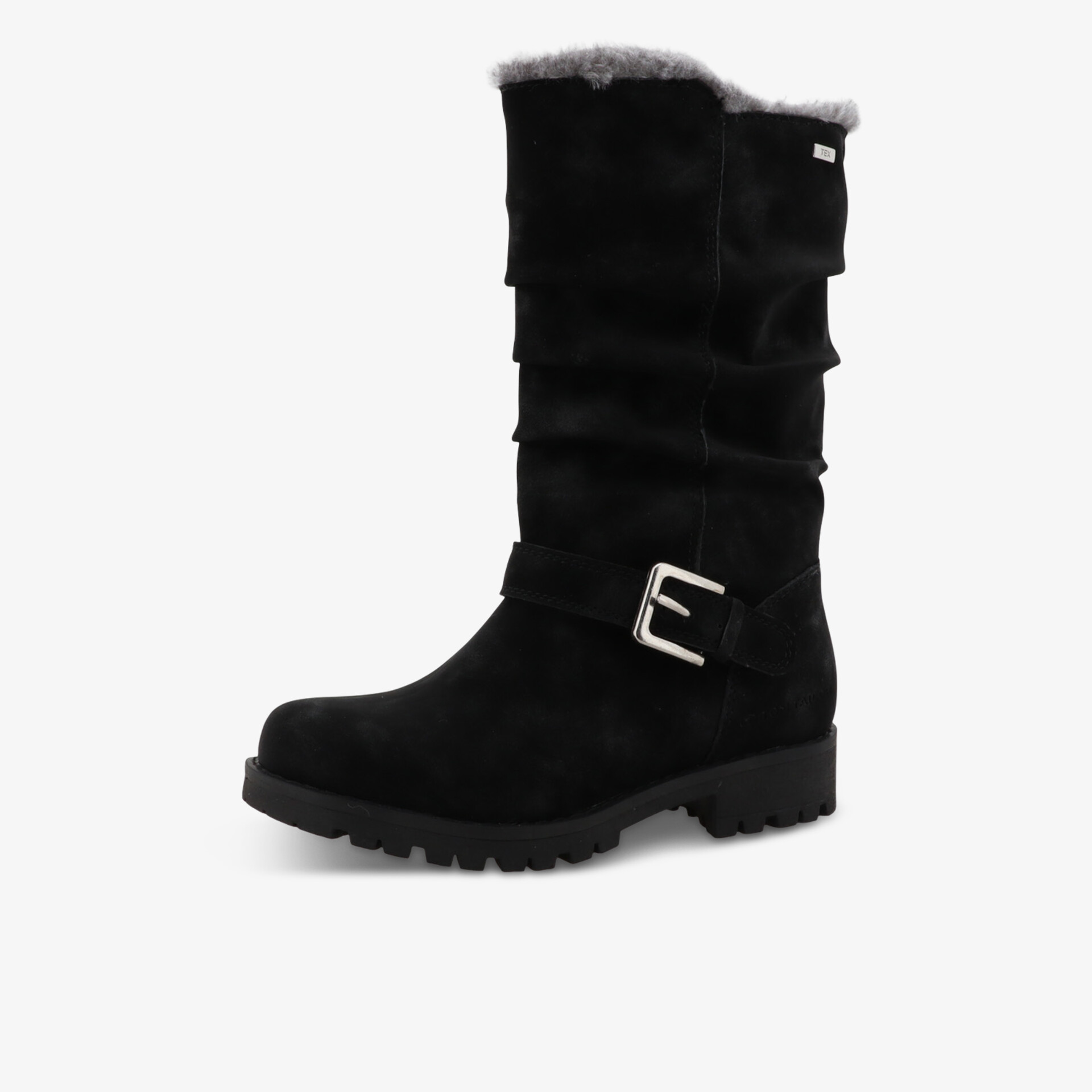 Warmer Winterstiefel mit hohem Schaft, dekorativer Schnalle und rutschfester Profilsohle in klarer Seitenansicht