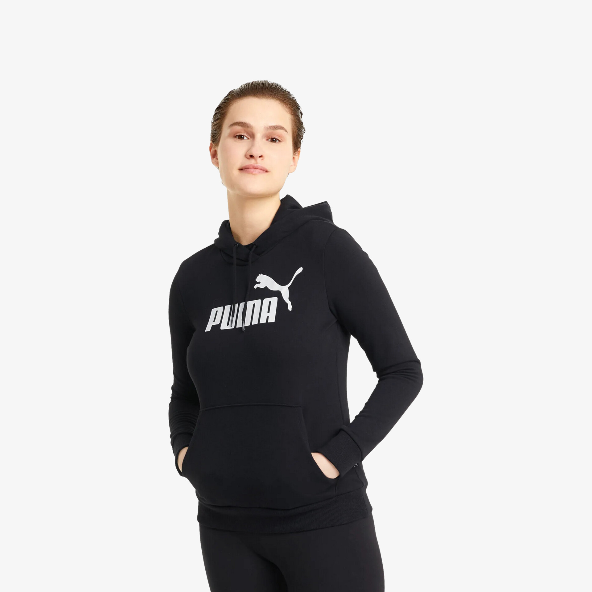 Schwarzer sportlicher Kapuzenpullover aus hochwertigem Material, bequem und modern geschnitten, Frontansicht