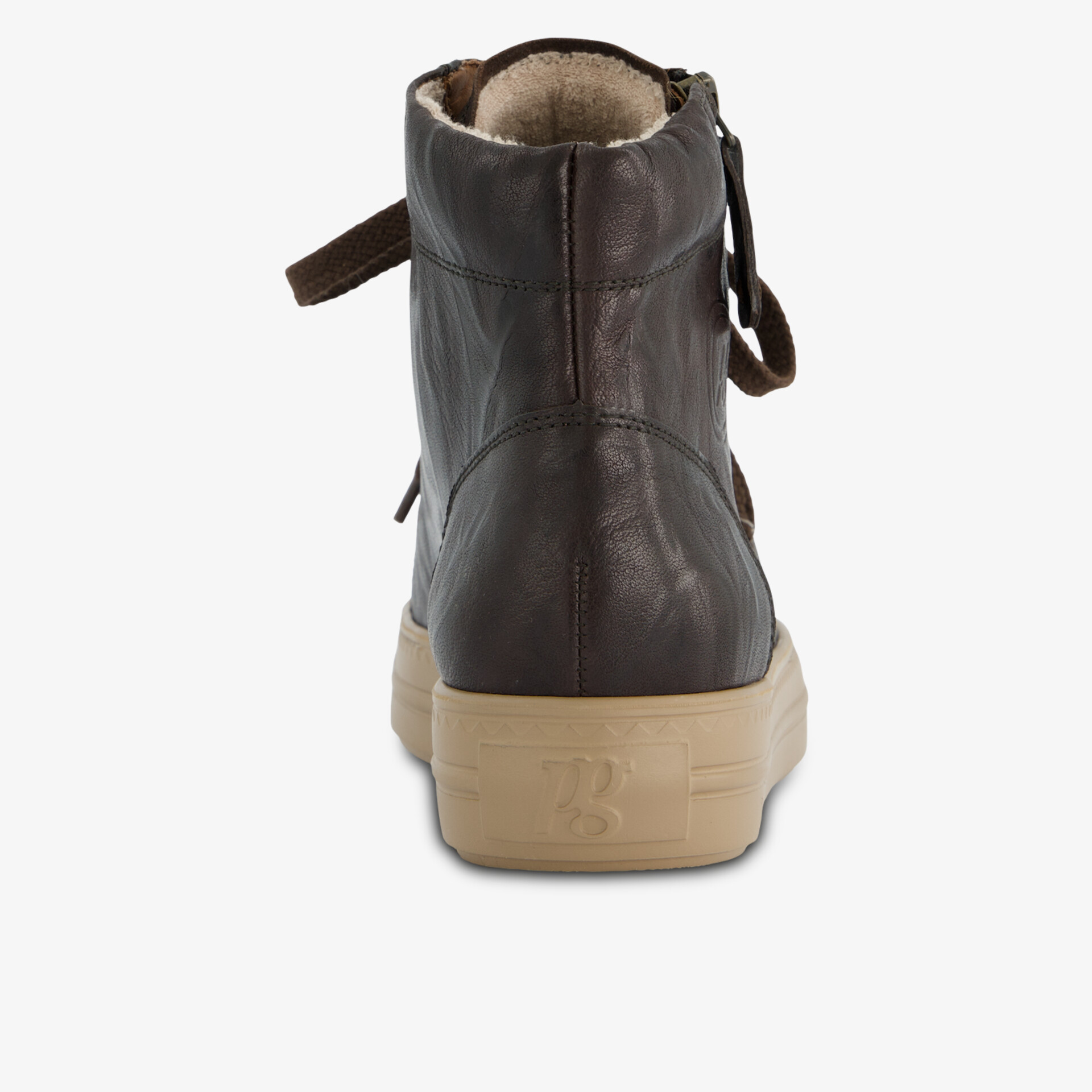 Robuster dunkler Schnürstiefel aus Leder mit gepolsterter Innensohle und rutschfester Gummisohle, Rückansicht