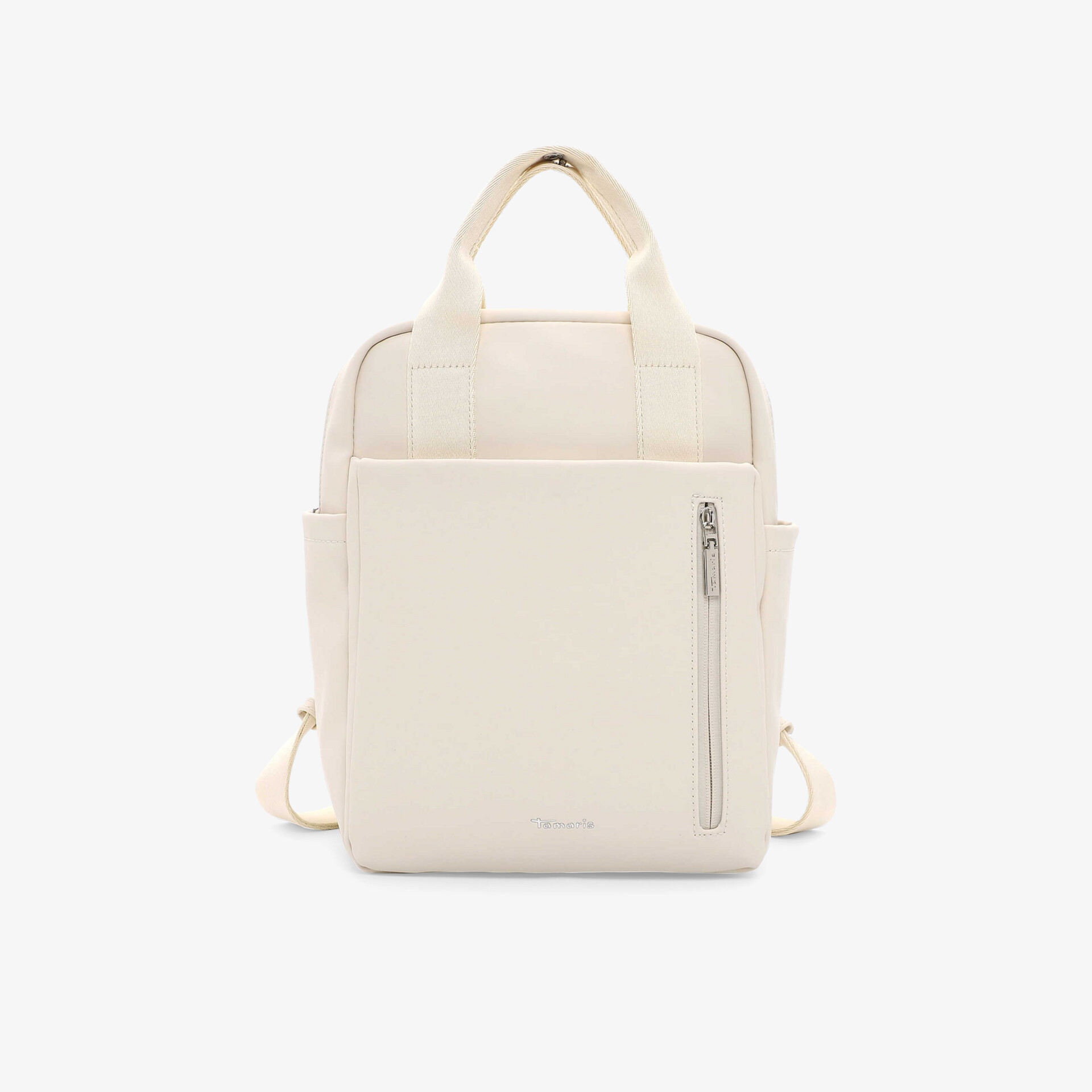 Beiger Rucksack mit klarer Frontansicht, praktischem Reißverschluss und stabilem Tragegriff, modernes Design