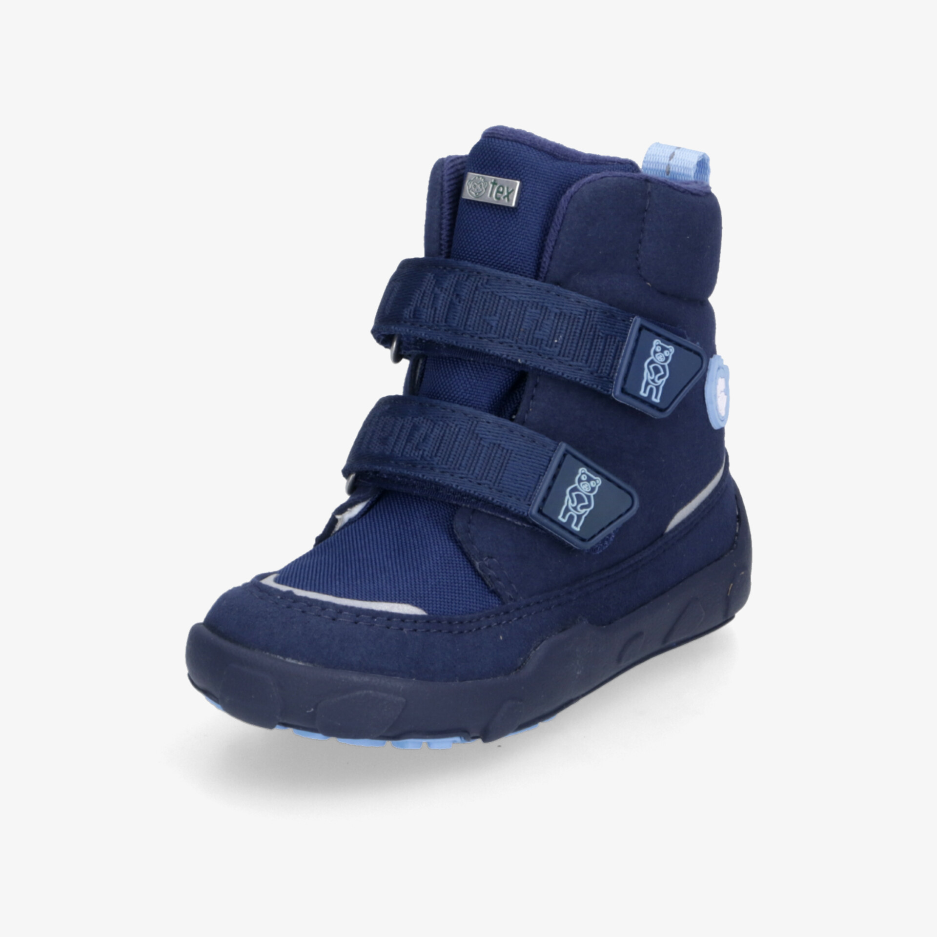 Dunkelblauer Winterschuh mit hohem Schaft und zwei Klettverschlüssen, rutschfeste Profilsohle und warmem Innenfutter
