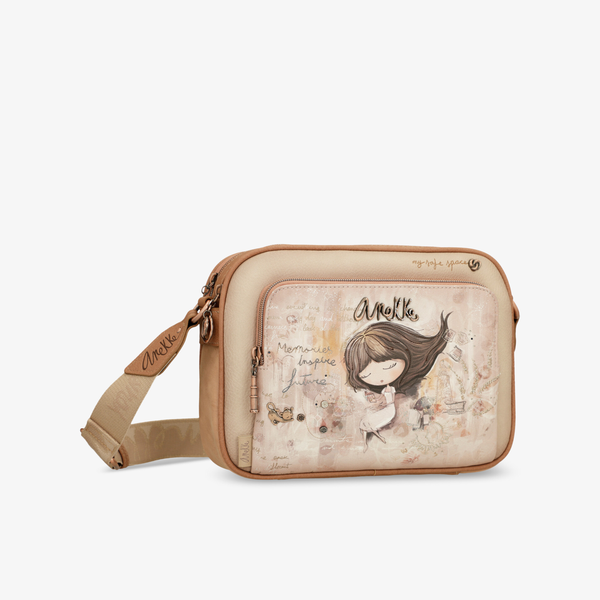 Kompakte beige Tasche mit verstellbarem Gurt und dekorativer Illustration, praktisch und robust für den Alltag