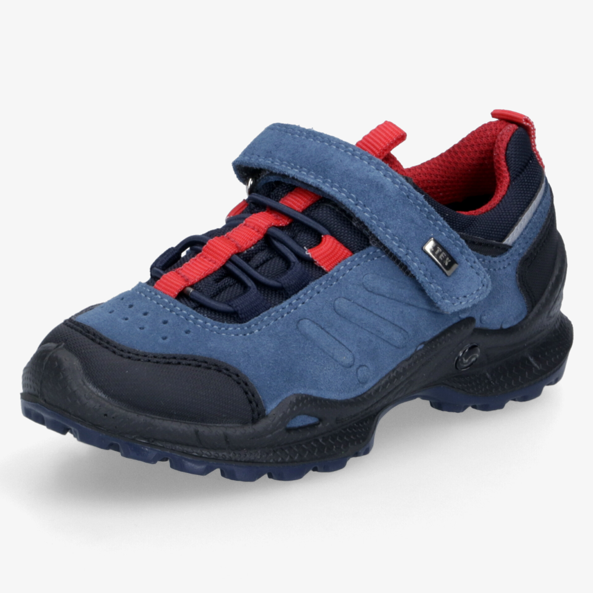 Sportlicher blauer Trekkingschuh mit rotem Innenfutter, rutschfester Sohle und verstellbarem Klettverschluss