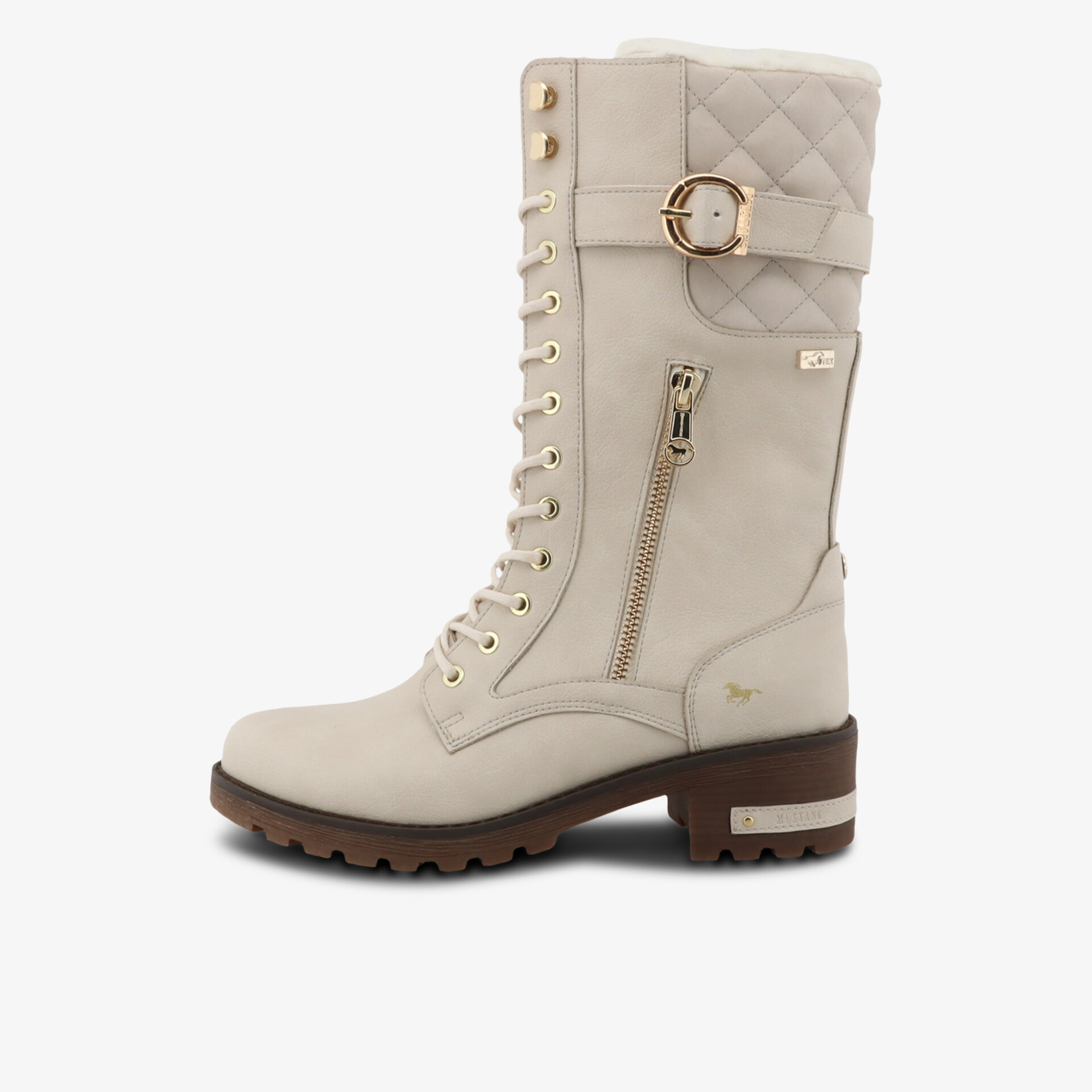 Seitliche Ansicht eines modischen Übergangsstiefels mit Schnürung, Reißverschluss und robustem Blockabsatz