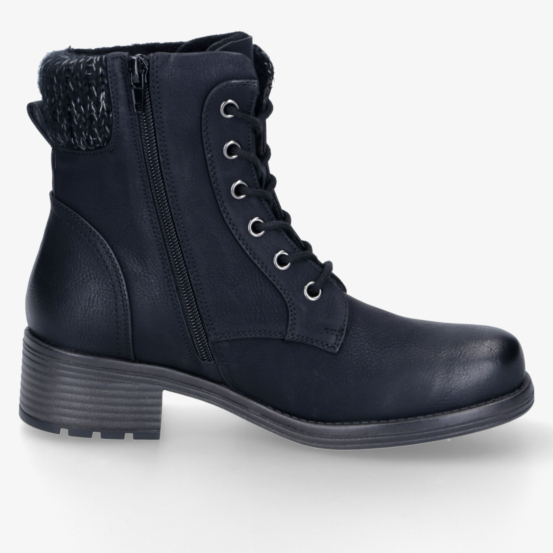 Schwarzer Stiefel mit Schnürung und Reißverschluss, ideal für Komfort und Stil im Alltag.
