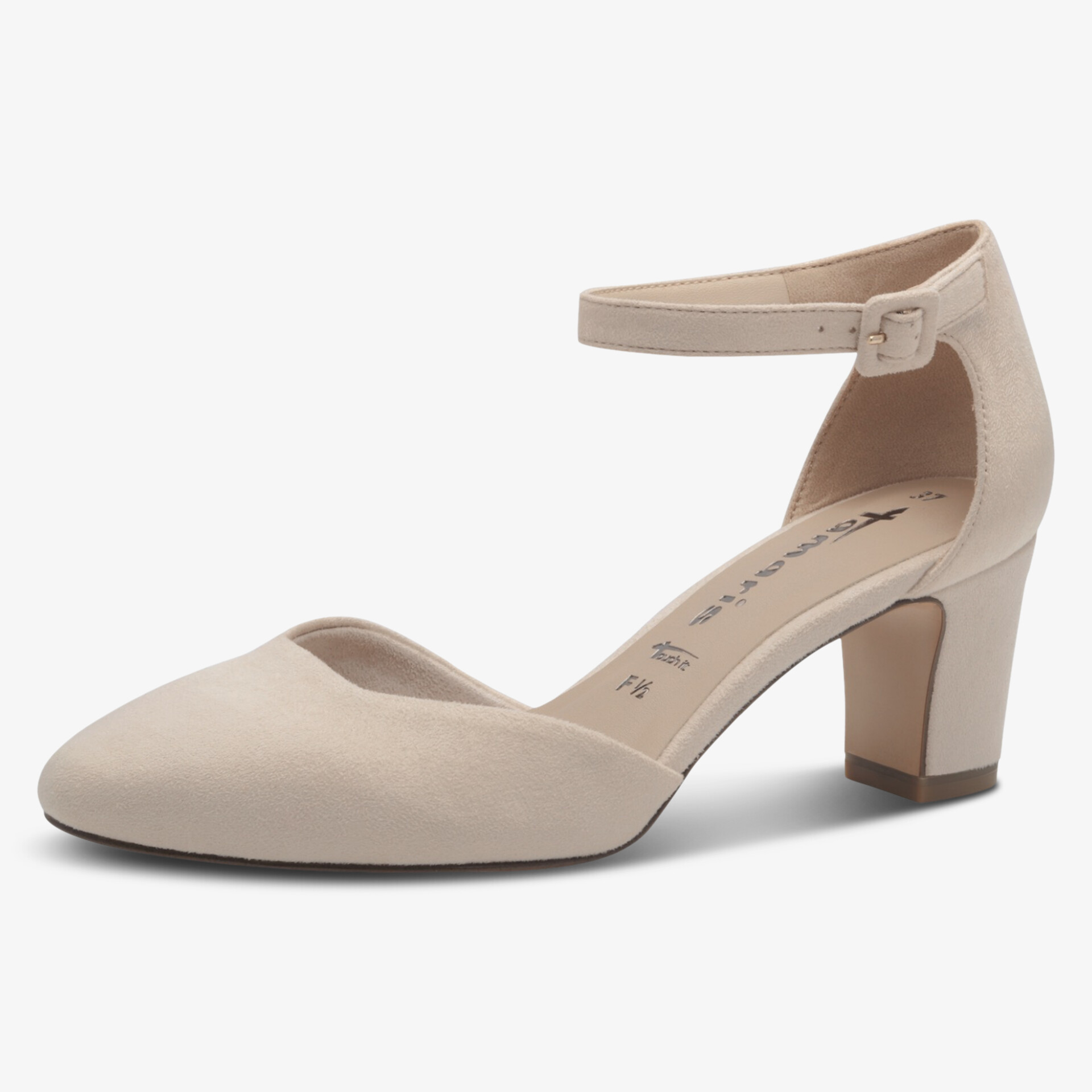 Eleganter beiger Pumps mit mittelhohem Absatz und verstellbarem Knöchelriemen, spitze Form für besonderen Tragekomfort