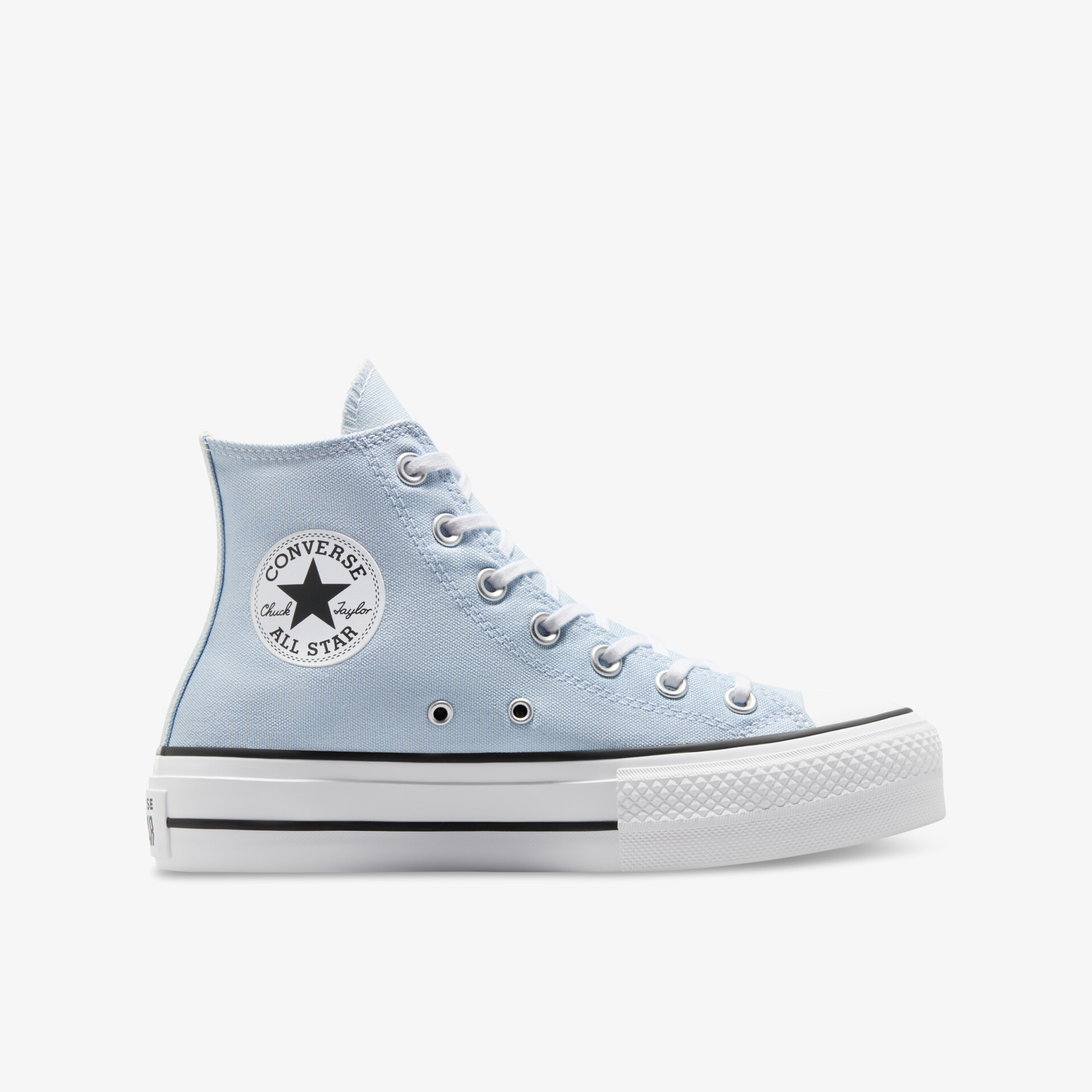 Hellblauer Sneaker mit hoher Plattform, klassischer Canvas-Stoff und bequemer Schnürung, seitliche Ansicht