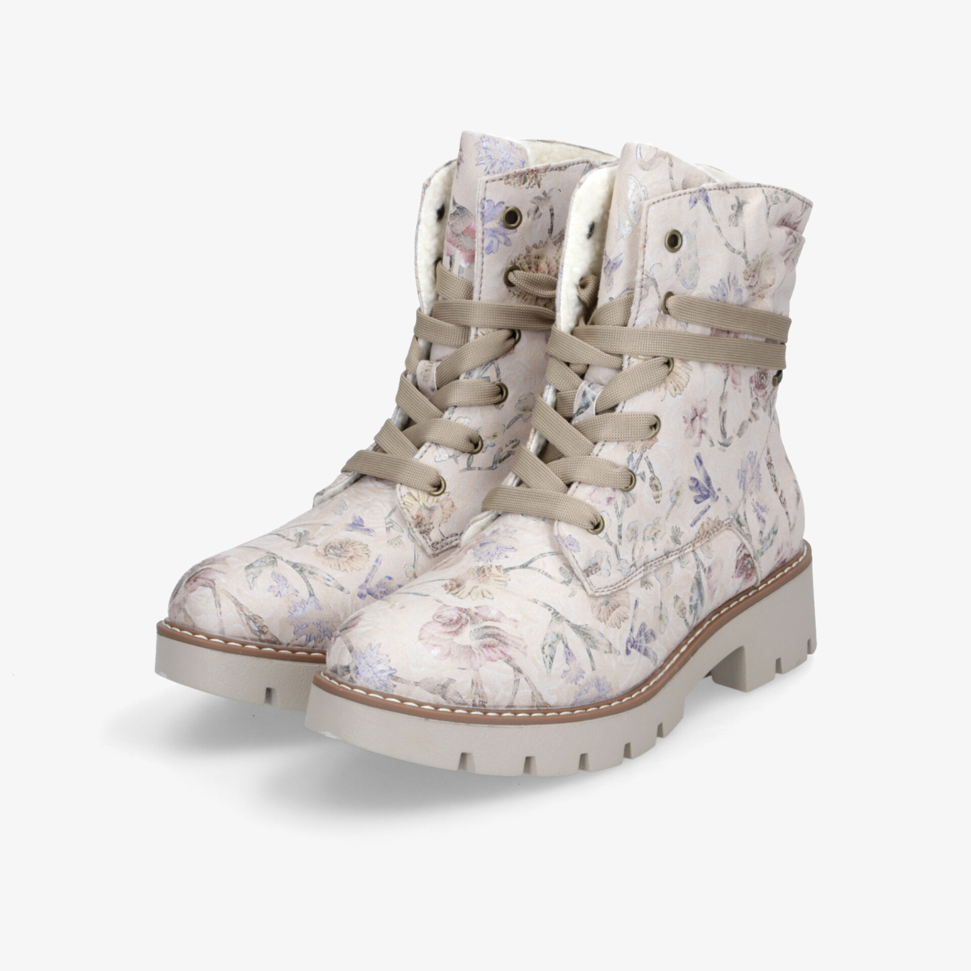 Moderne florale Stiefel mit robuster Schnürung und profilierter Sohle in schräger Frontansicht