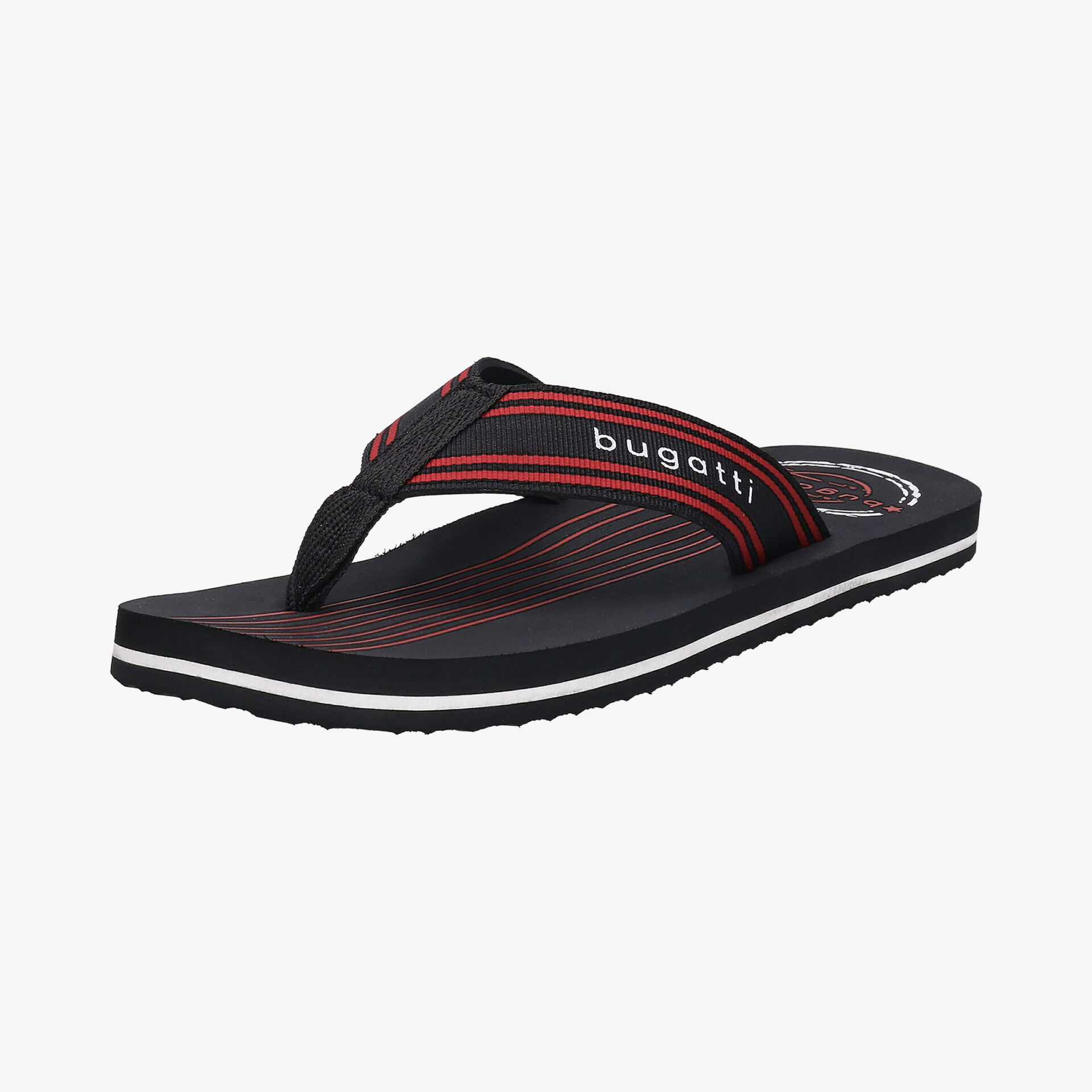 Stylische Flip-Flops in Schwarz mit rotem Akzent und Markenlogo, ideal für Sommer und Strand