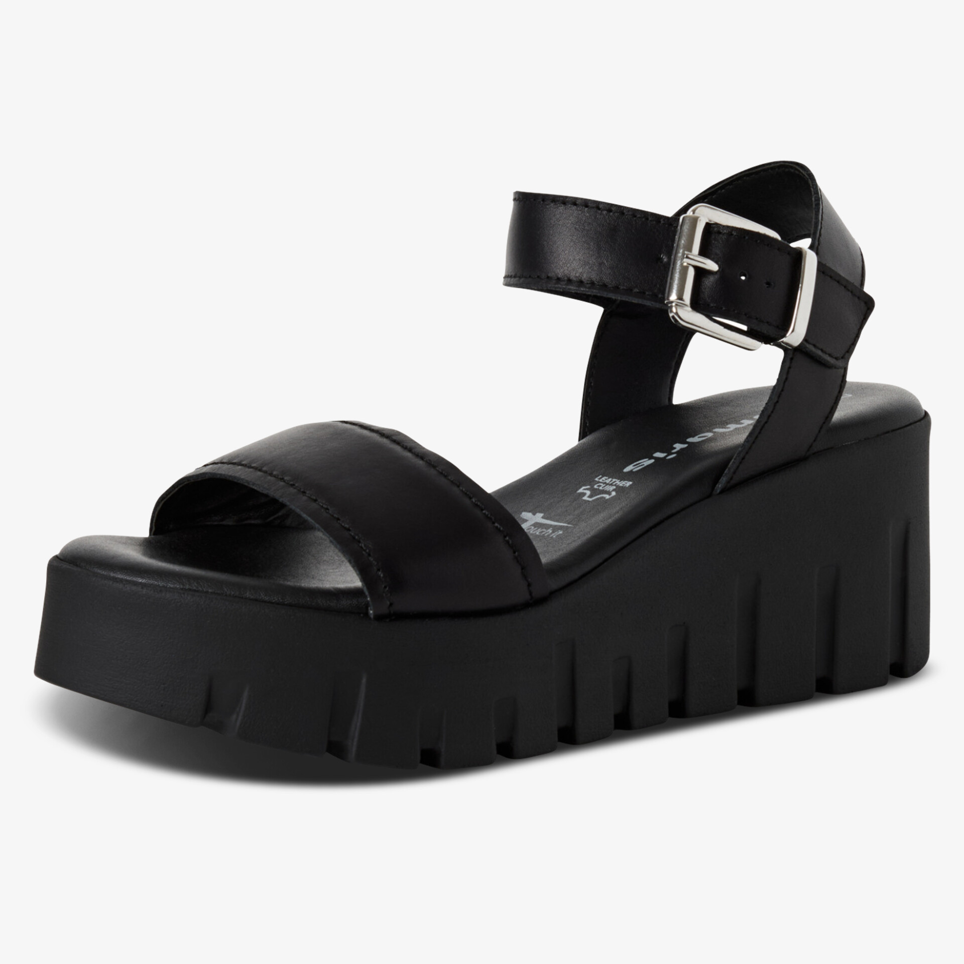 Schwarze Plateau-Sandale mit verstellbarer Schnallenlasche und dickem Absatz für bequemen Halt und modischen Look