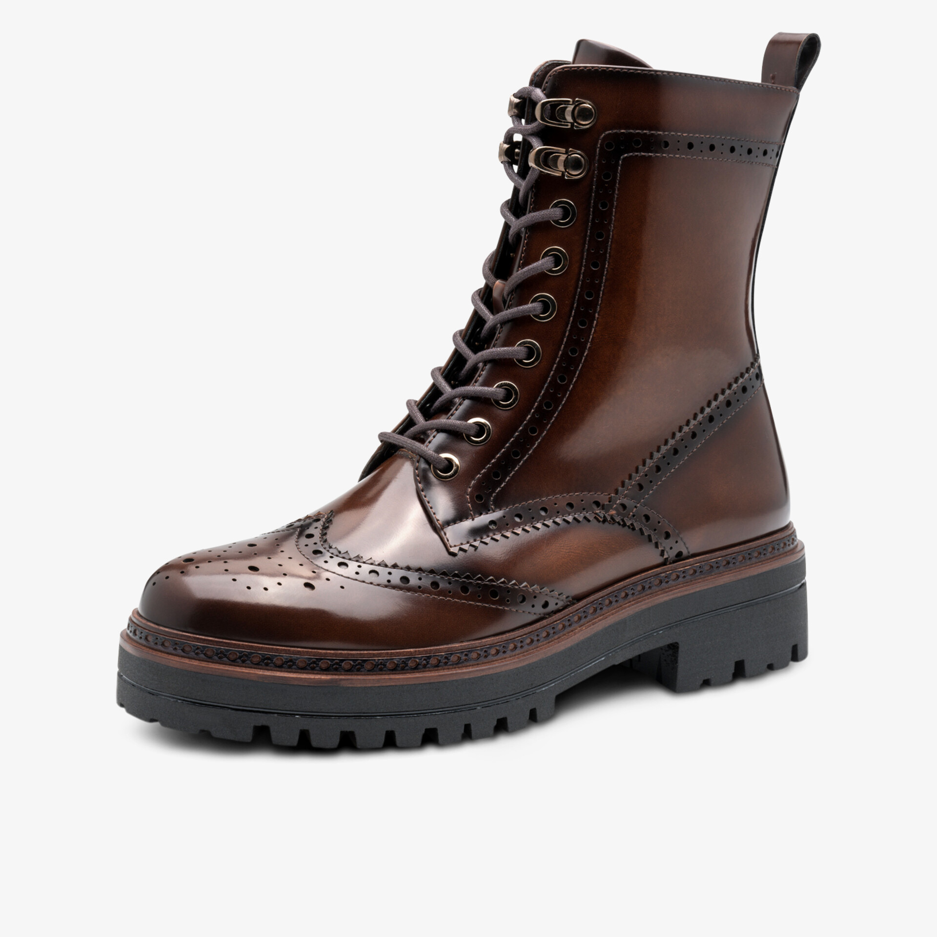 Eleganter brauner Lederstiefel mit robuster Profilsohle, Schnürung und dekorativem Brogue-Muster