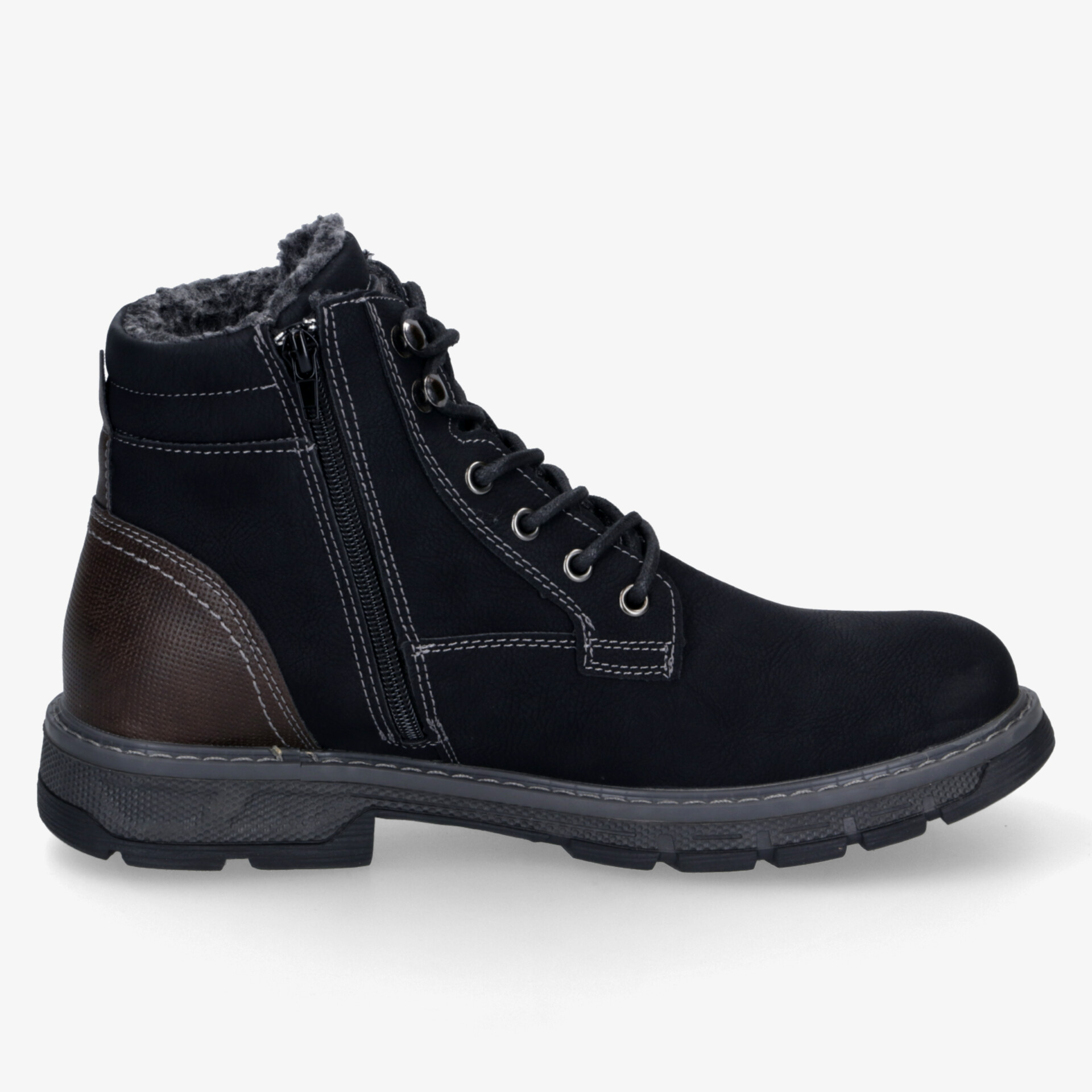 Robuster schwarzer Stiefel mit warmer Innenfütterung und praktischem seitlichen Reißverschluss für sicheres Tragen