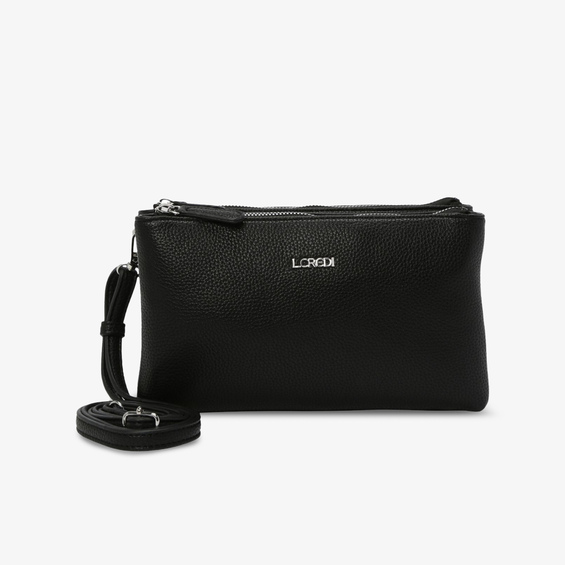 Kompakte schwarze Tasche in eleganter Lederoptik mit Reißverschluss und abnehmbarem Riemen, perfekte Alltagsbegleiterin.