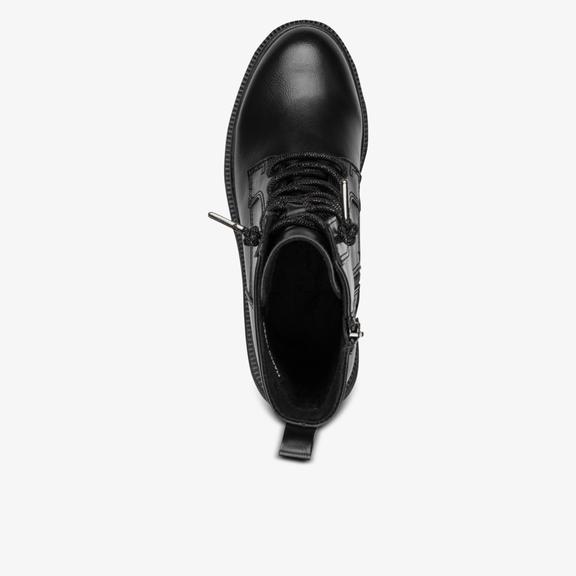 Robuster schwarzer Lederstiefel mit Schnürung und seitlichem Reißverschluss in Draufsicht