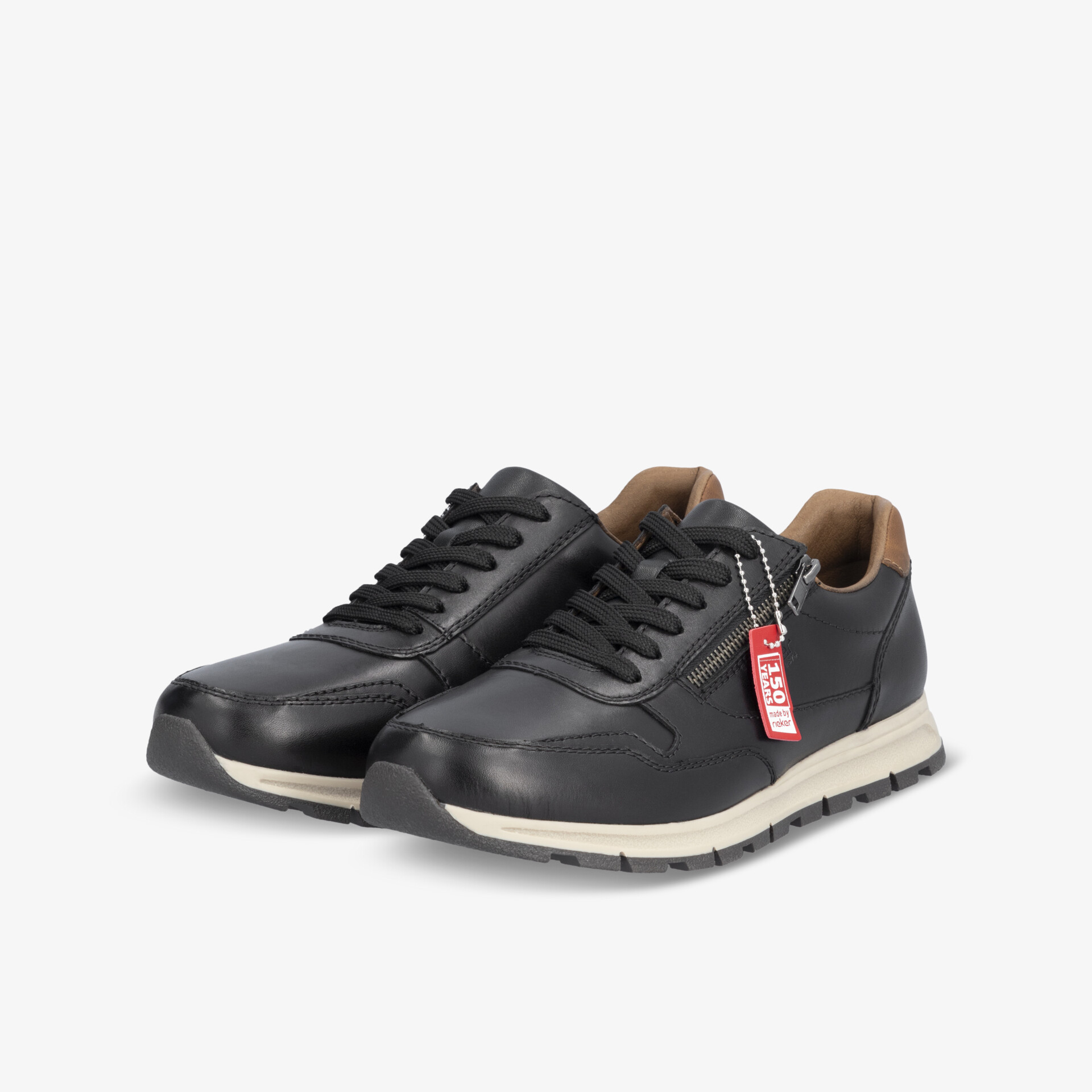 Sportliche schwarze Sneaker mit hellbraunem Detail und weißer Sohle, komfortabel und modern im Design