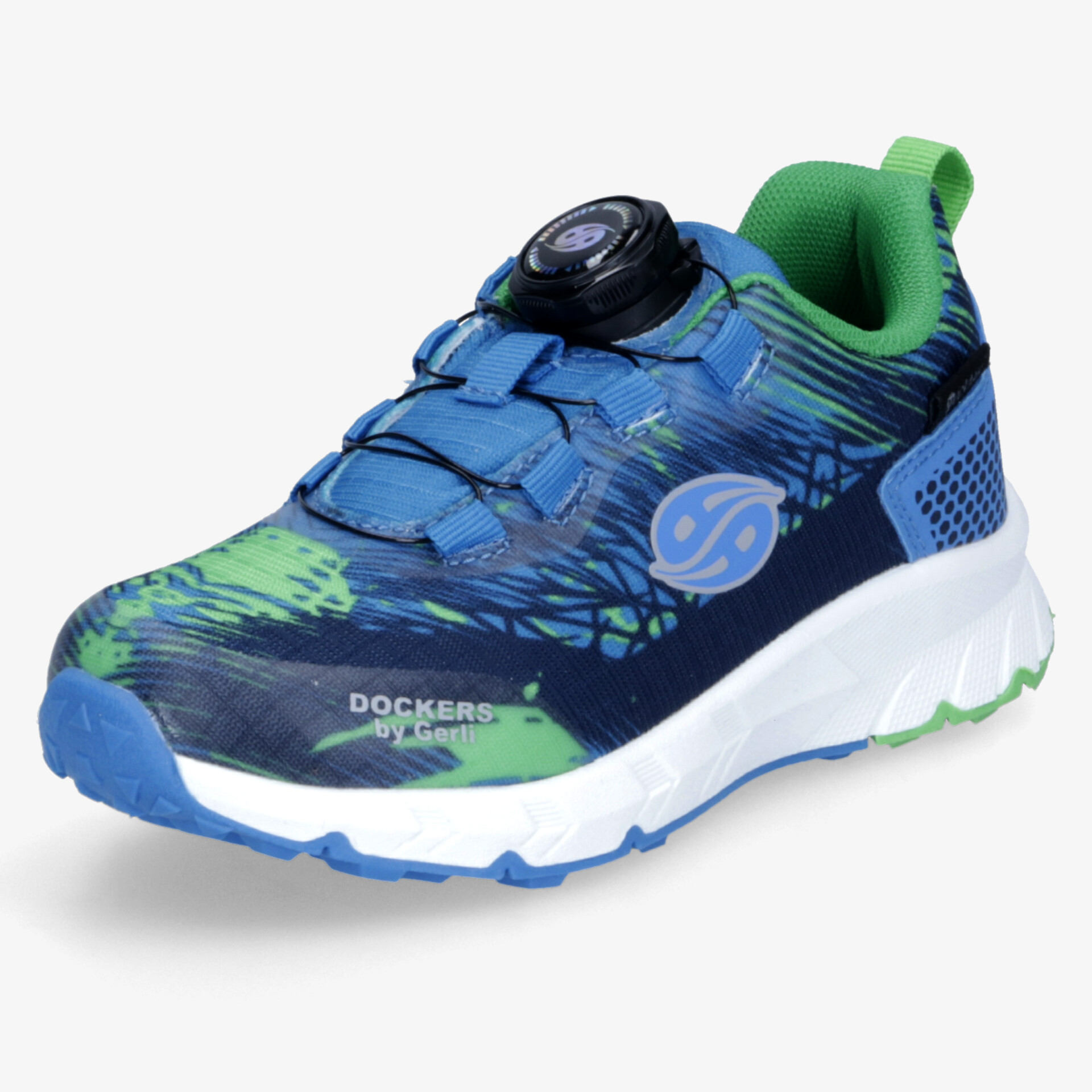 Leichter blauer Sneaker mit grünem Innenfutter und schnellem Drehverschluss für einfache Anpassung und komfortablen Sitz