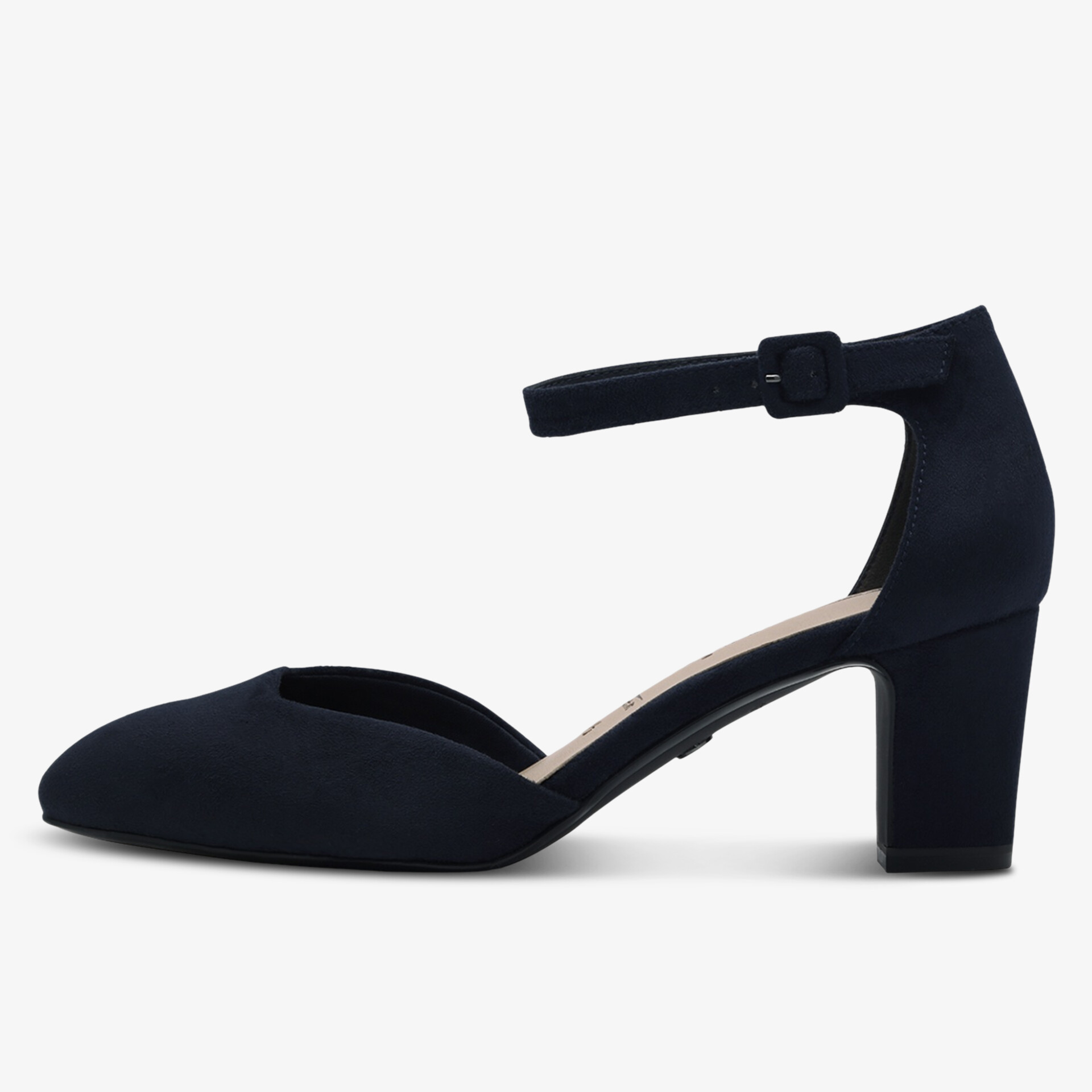 Eleganter schwarzer Schuh mit verstellbarem Knöchelriemen und bequemem mittelhohen Blockabsatz in klarer Seitenansicht